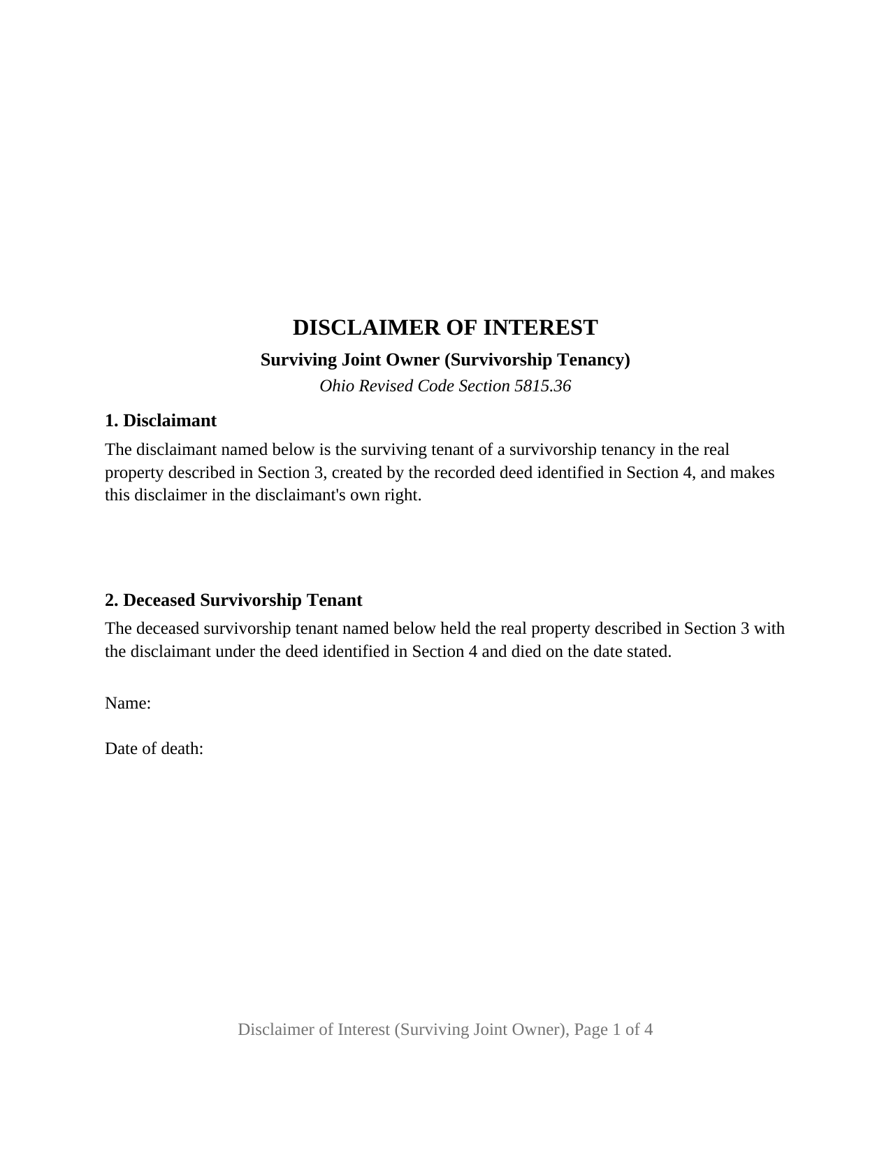 Wyandot County Disclaimer of Interest (Surviving Joint Owner) Form