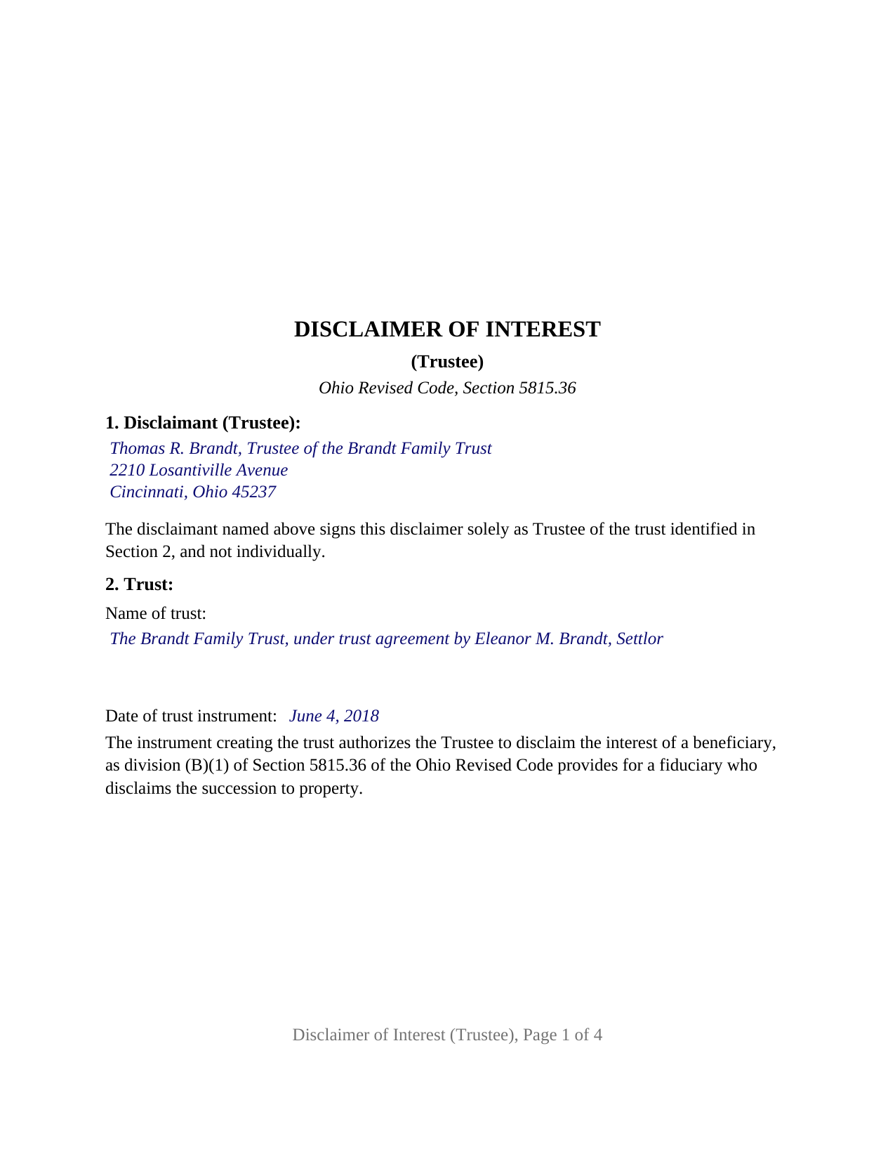 Wyandot County Completed Example of the Disclaimer of Interest (Trustee) Document