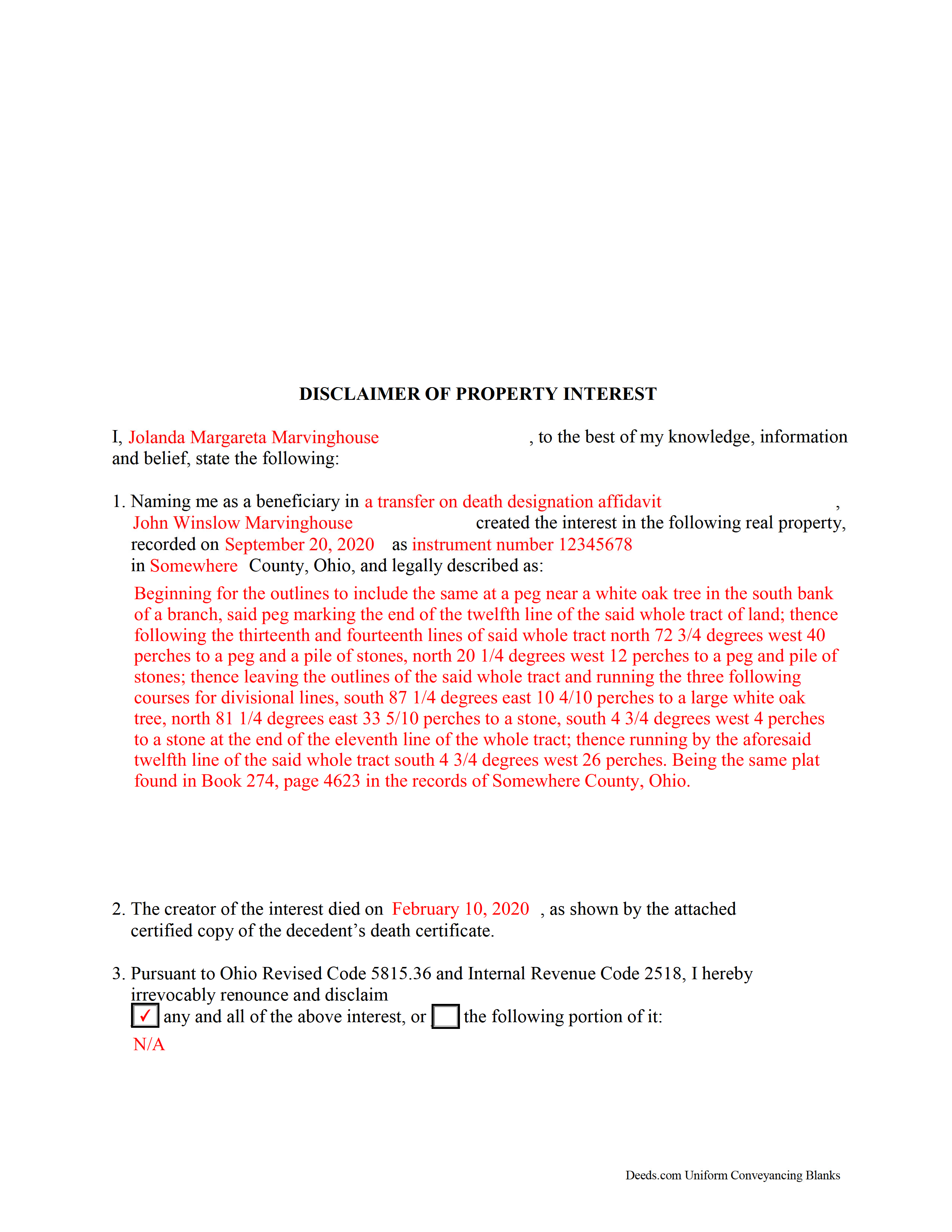 Completed Example of the Disclaimer of Interest Document