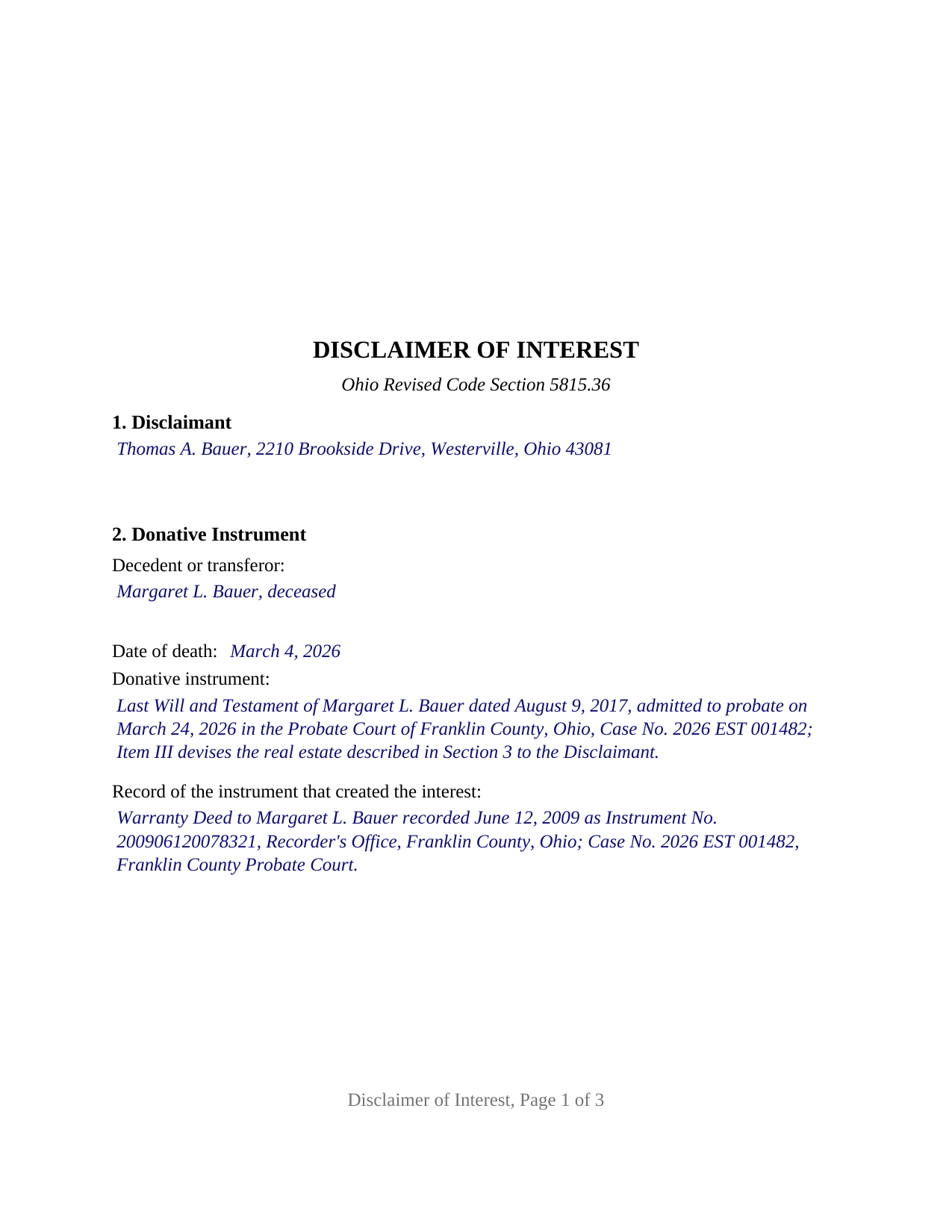 Lucas County Completed Example of the Disclaimer of Interest Document