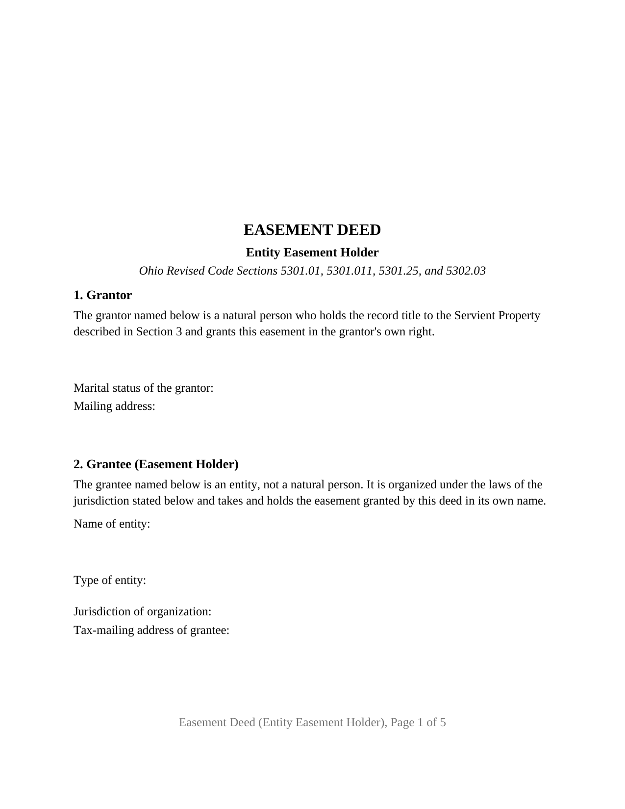 Athens County Easement Deed (Entity Easement Holder) Form