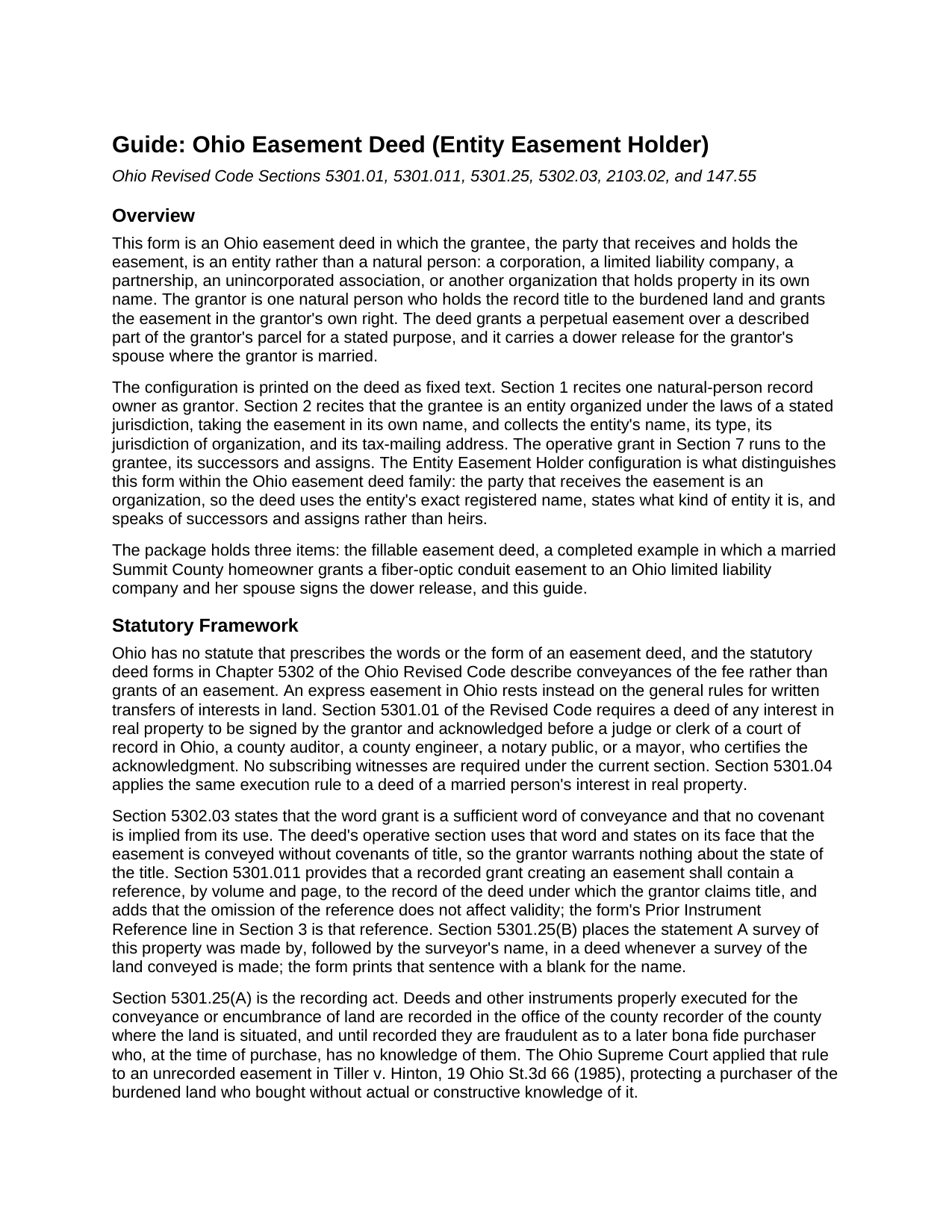 Athens County Easement Deed (Entity Easement Holder) Guide