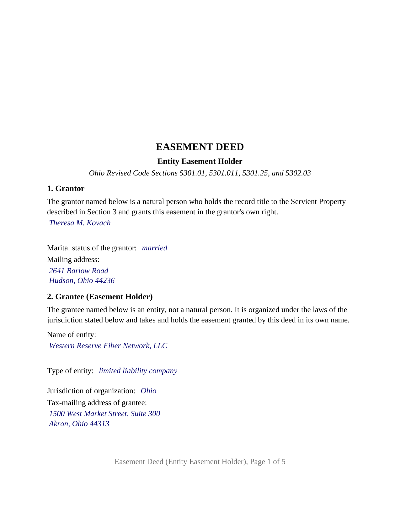 Athens County Completed Example of the Easement Deed (Entity Easement Holder) Document