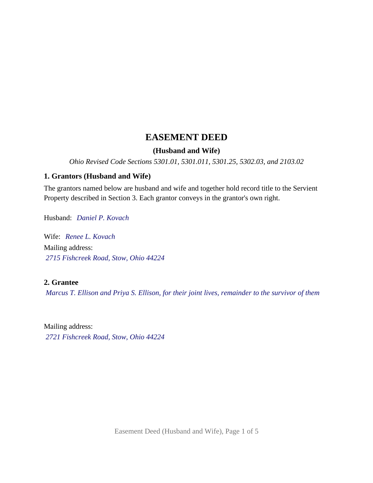 Coshocton County Completed Example of the Easement Deed (Husband and Wife) Document