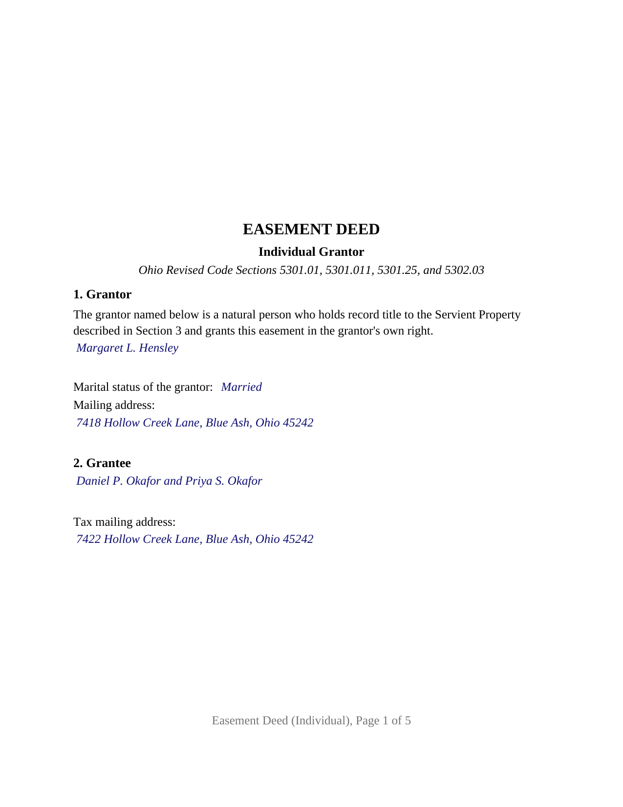 Fulton County Completed Example of the Easement Deed (Individual) Document