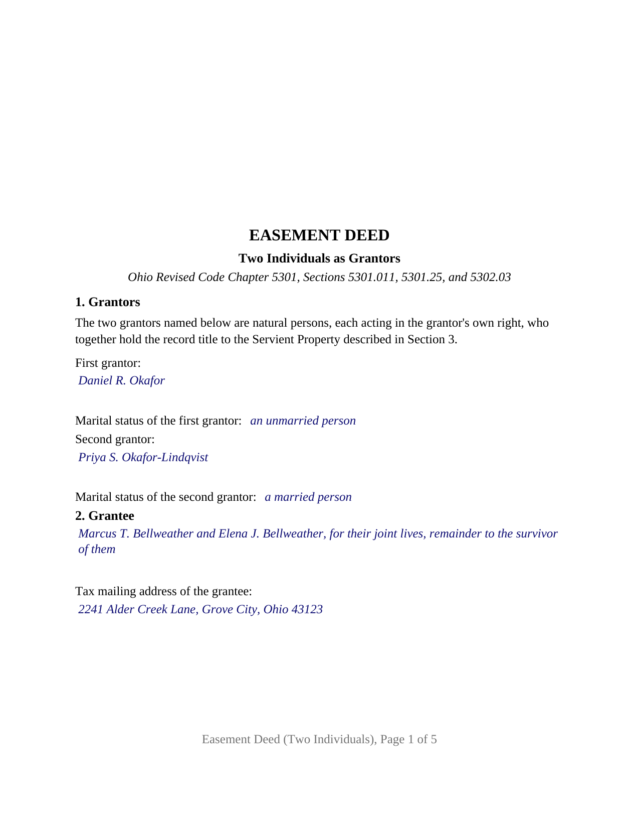 Lucas County Completed Example of the Easement Deed (Two Individuals) Document