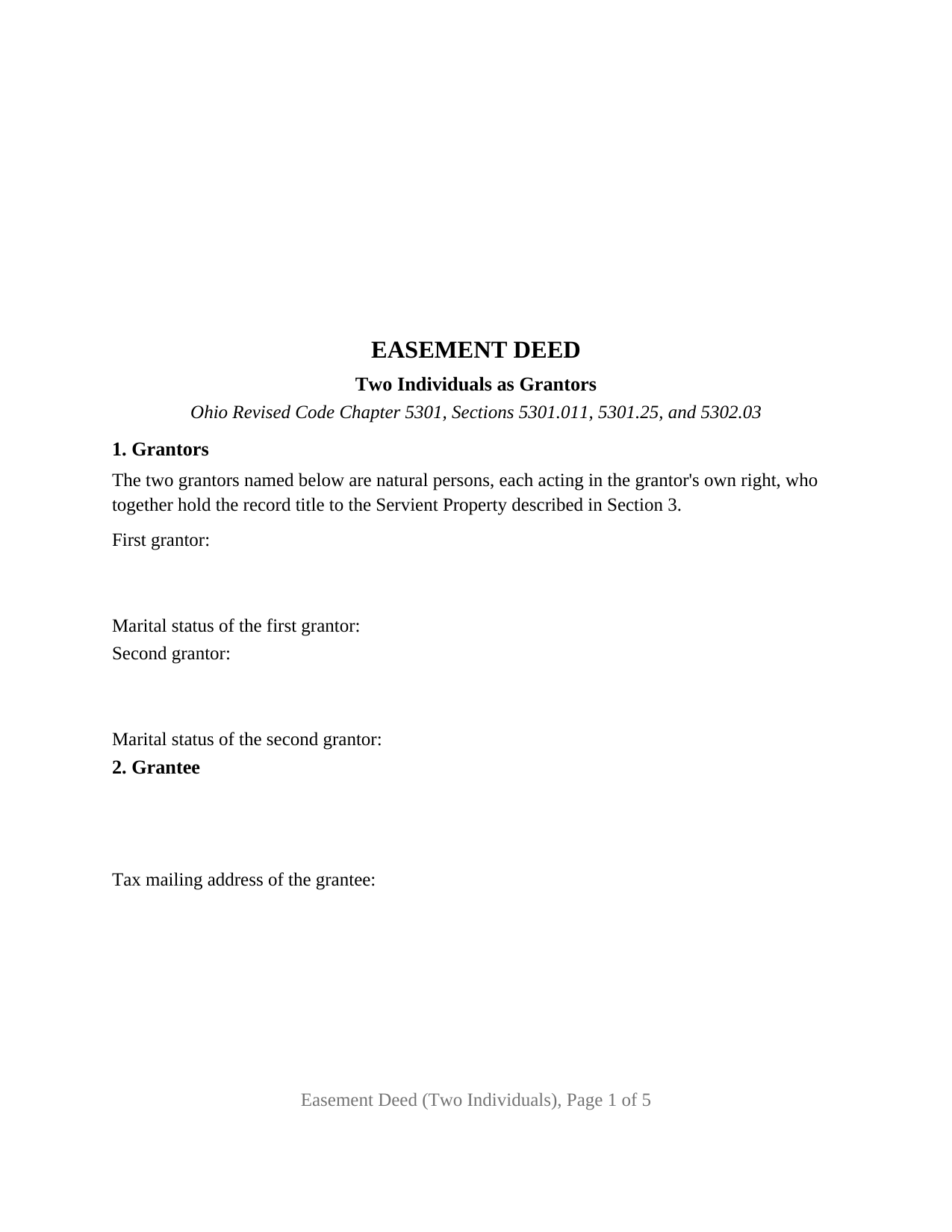 Lucas County Easement Deed (Two Individuals) Form