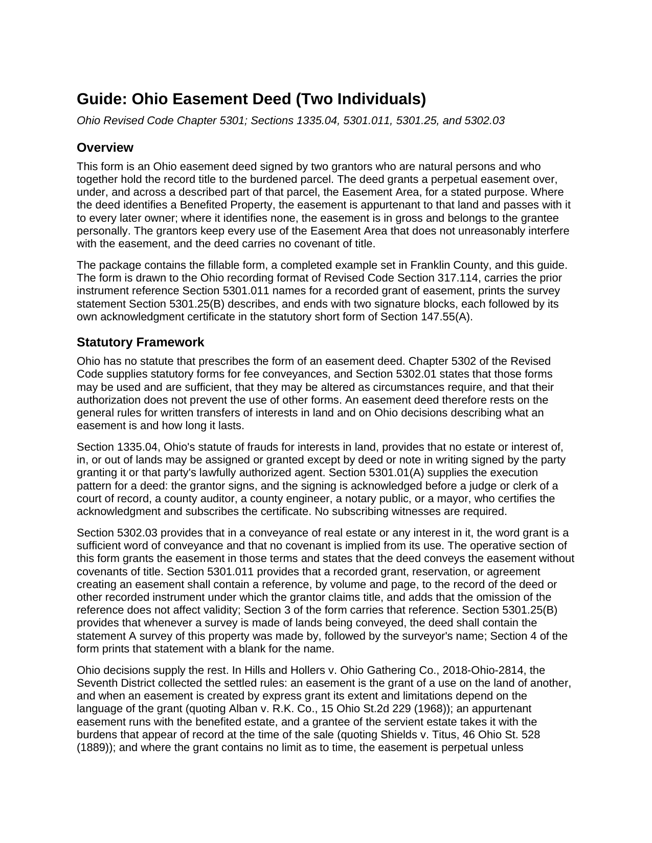Lucas County Easement Deed (Two Individuals) Guide