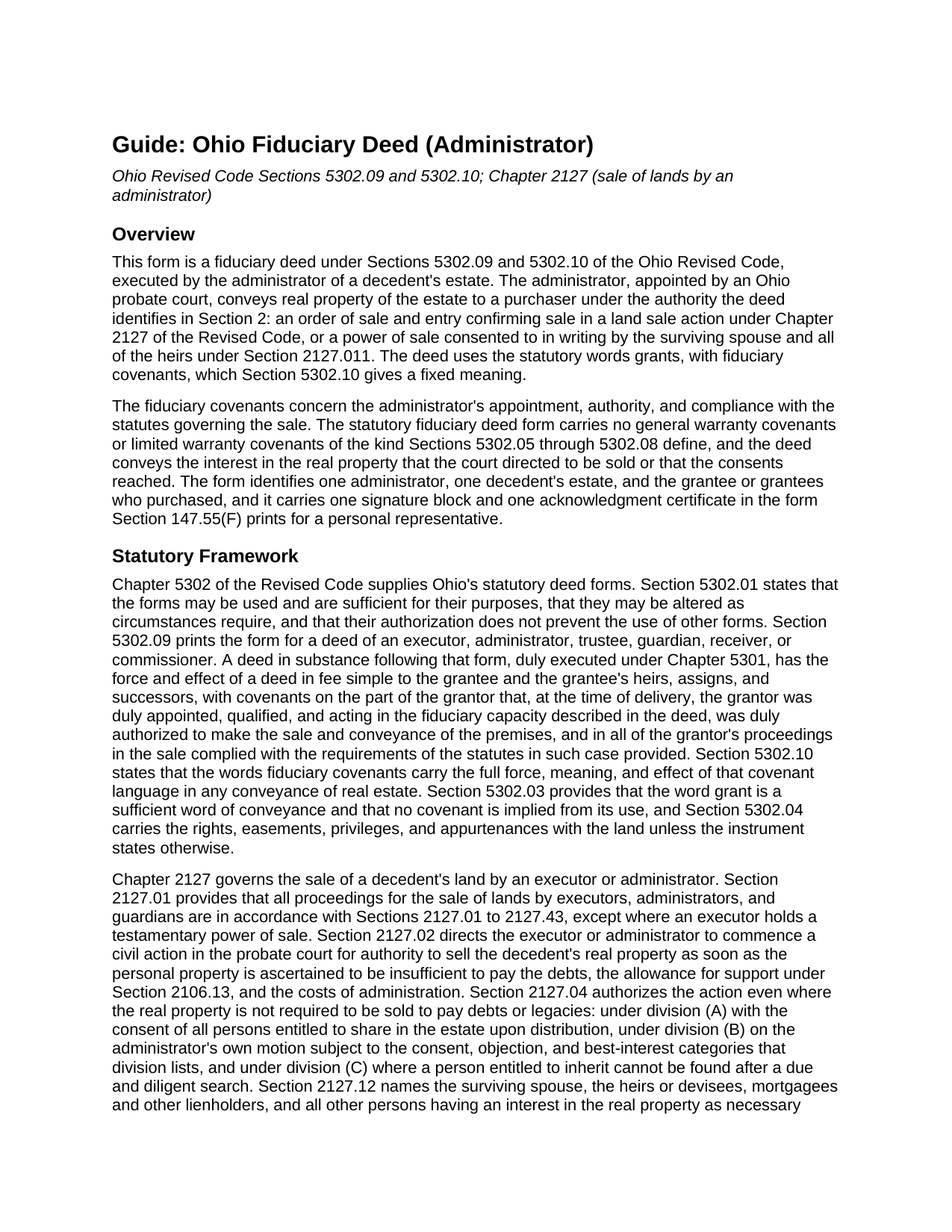 Coshocton County Fiduciary Deed (Administrator) Guide