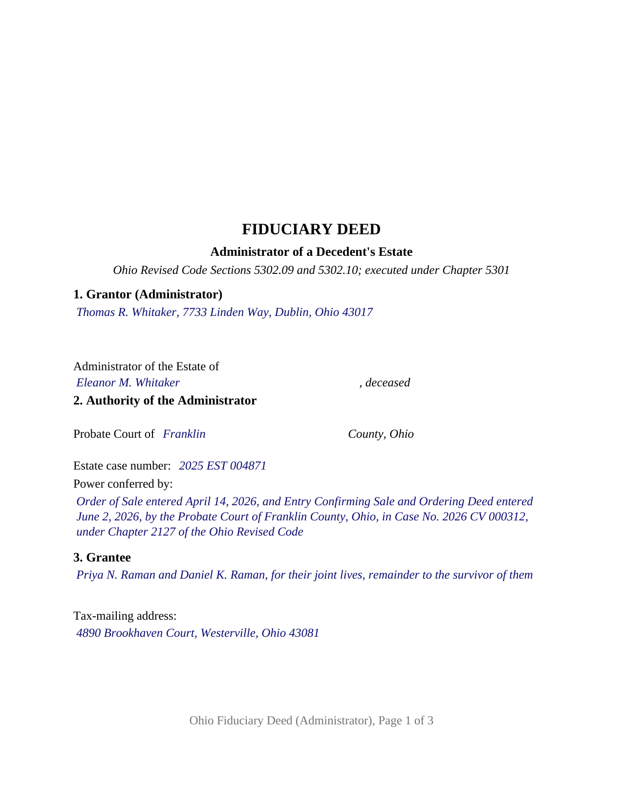 Coshocton County Completed Example of the Fiduciary Deed (Administrator) Document