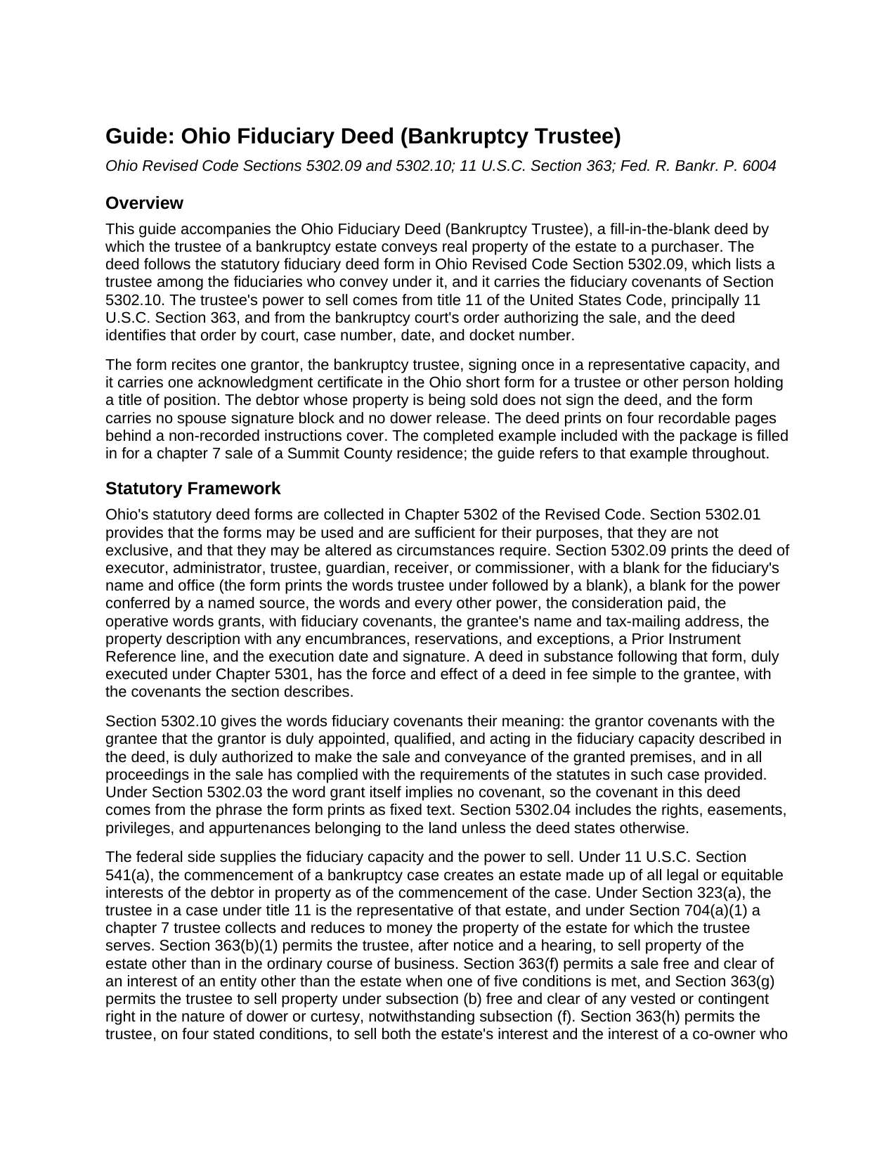 Miami County Fiduciary Deed (Bankruptcy Trustee) Guide