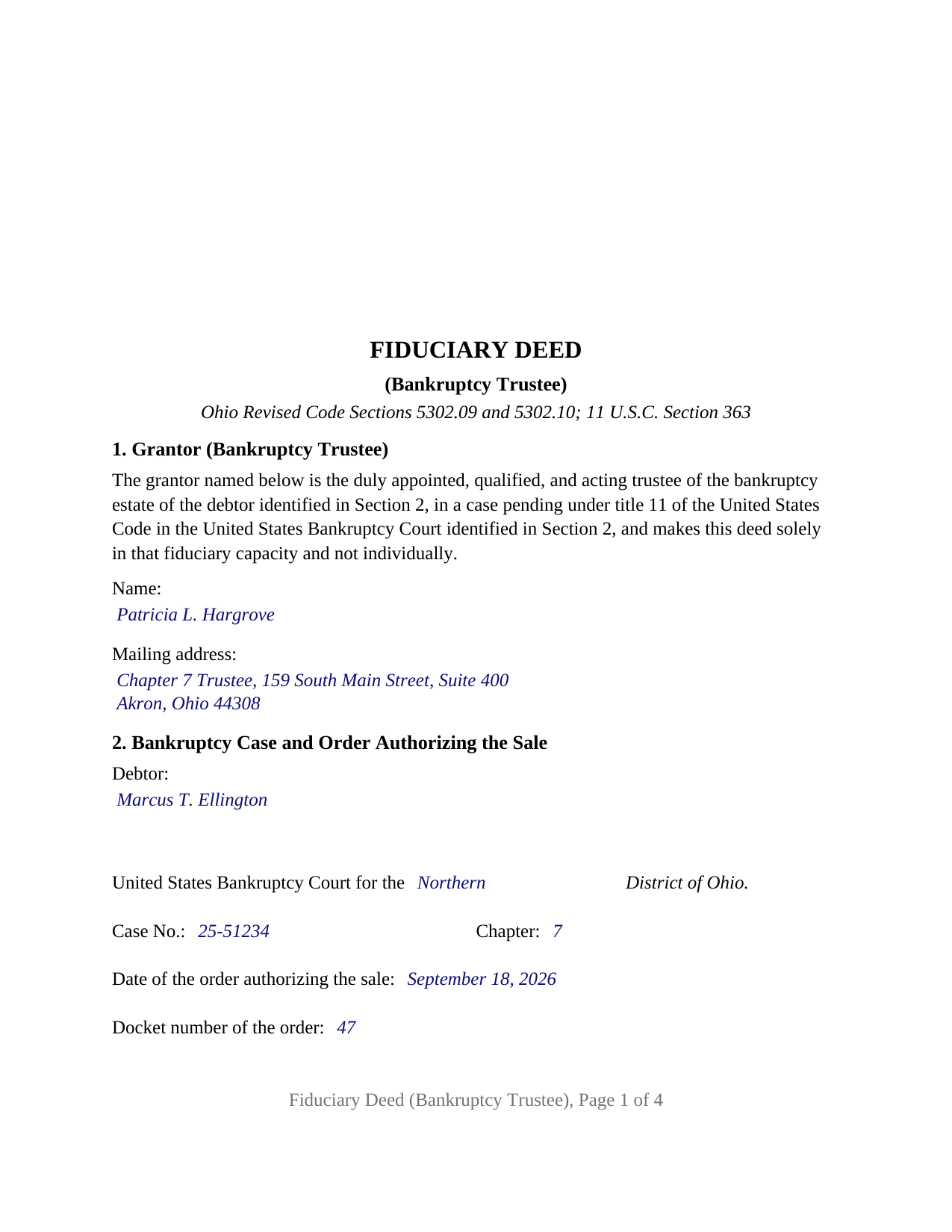 Miami County Completed Example of the Fiduciary Deed (Bankruptcy Trustee) Document