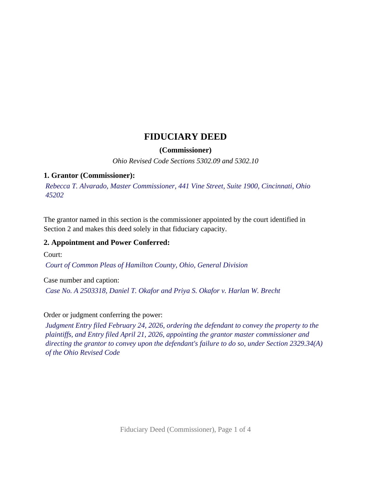 Miami County Completed Example of the Fiduciary Deed (Commissioner) Document