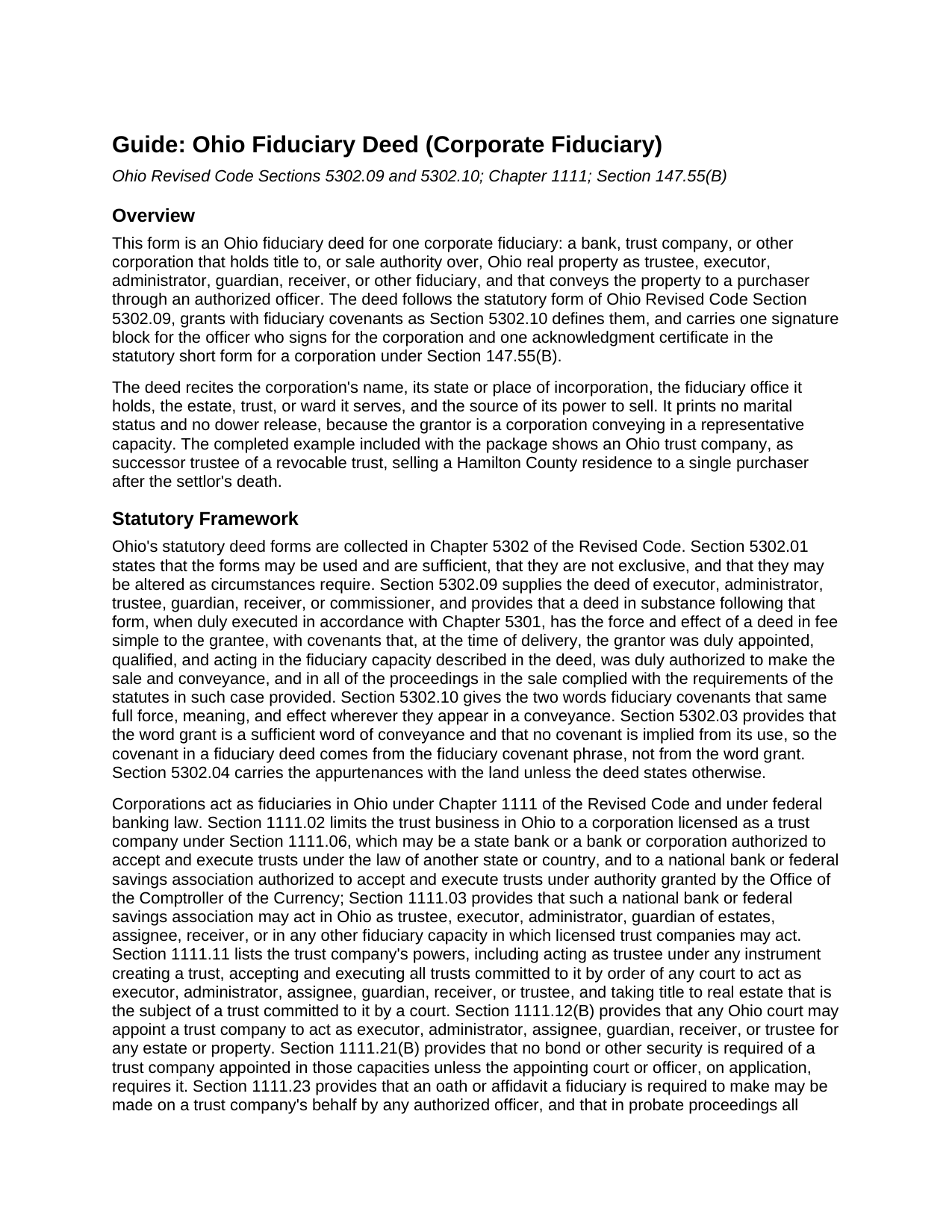 Allen County Fiduciary Deed (Corporate Fiduciary) Guide