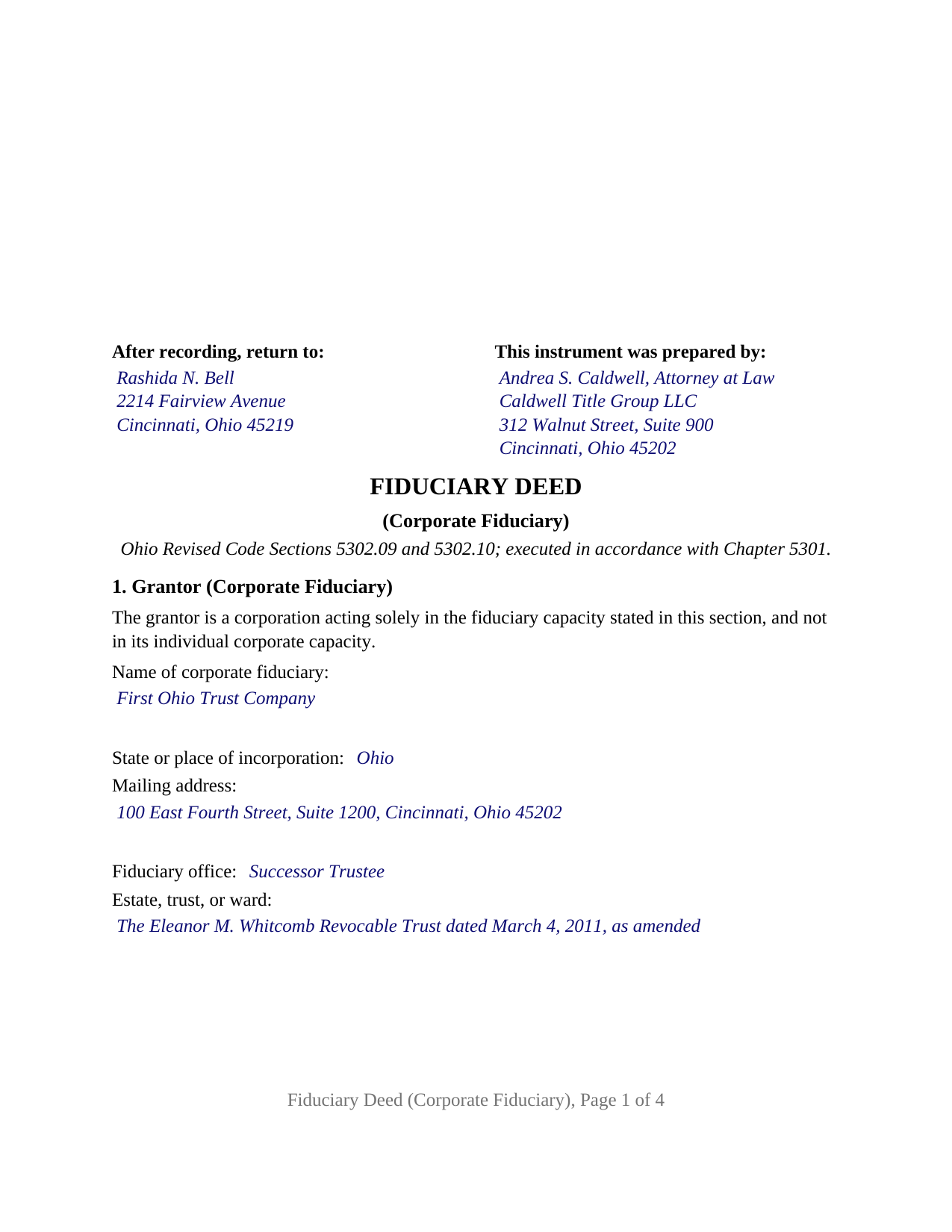 Allen County Completed Example of the Fiduciary Deed (Corporate Fiduciary) Document