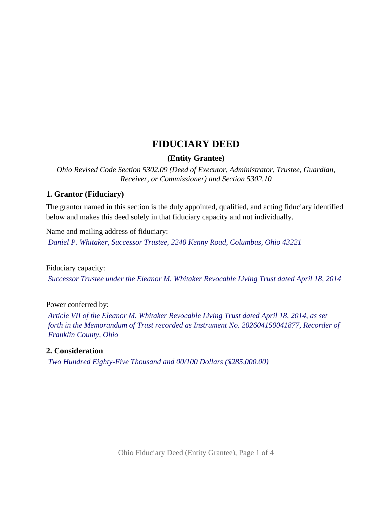 Summit County Completed Example of the Fiduciary Deed (Entity Grantee) Document