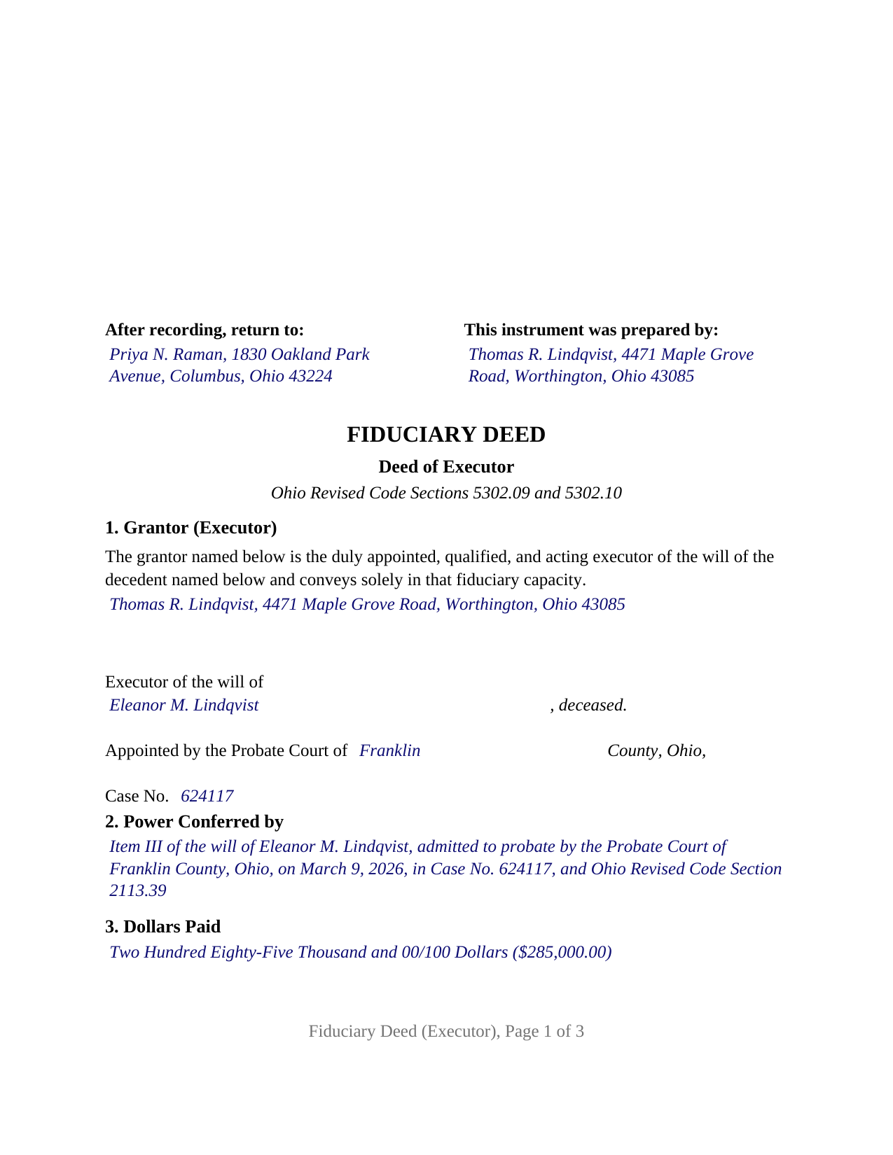 Clinton County Completed Example of the Fiduciary Deed (Executor) Document