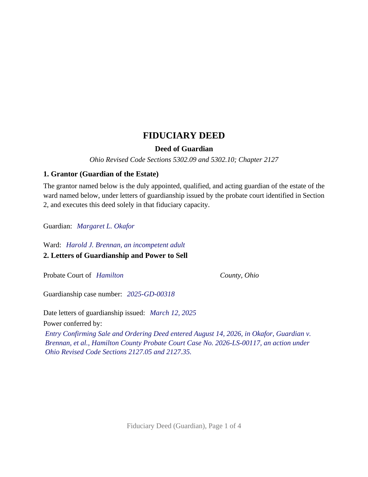 Allen County Completed Example of the Fiduciary Deed (Guardian) Document