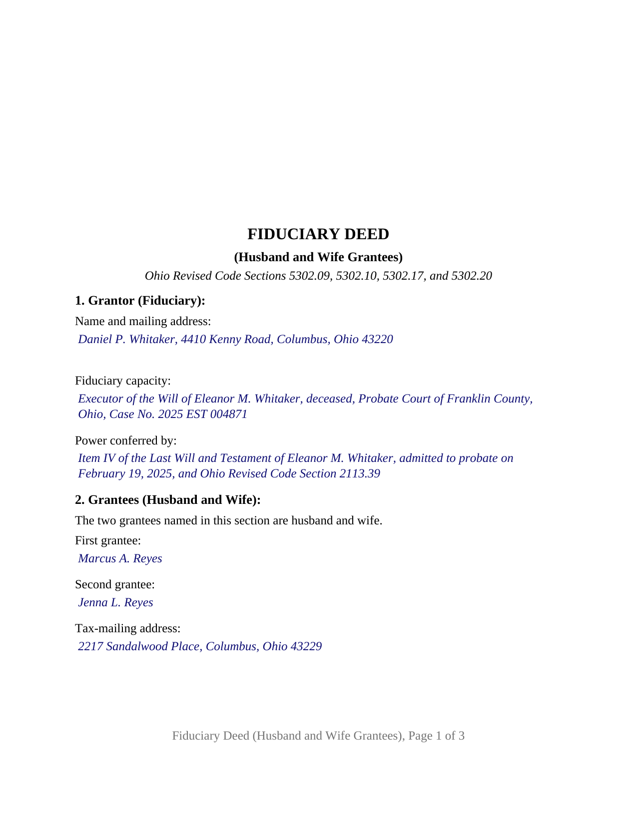 Brown County Completed Example of the Fiduciary Deed (Husband and Wife Grantees) Document