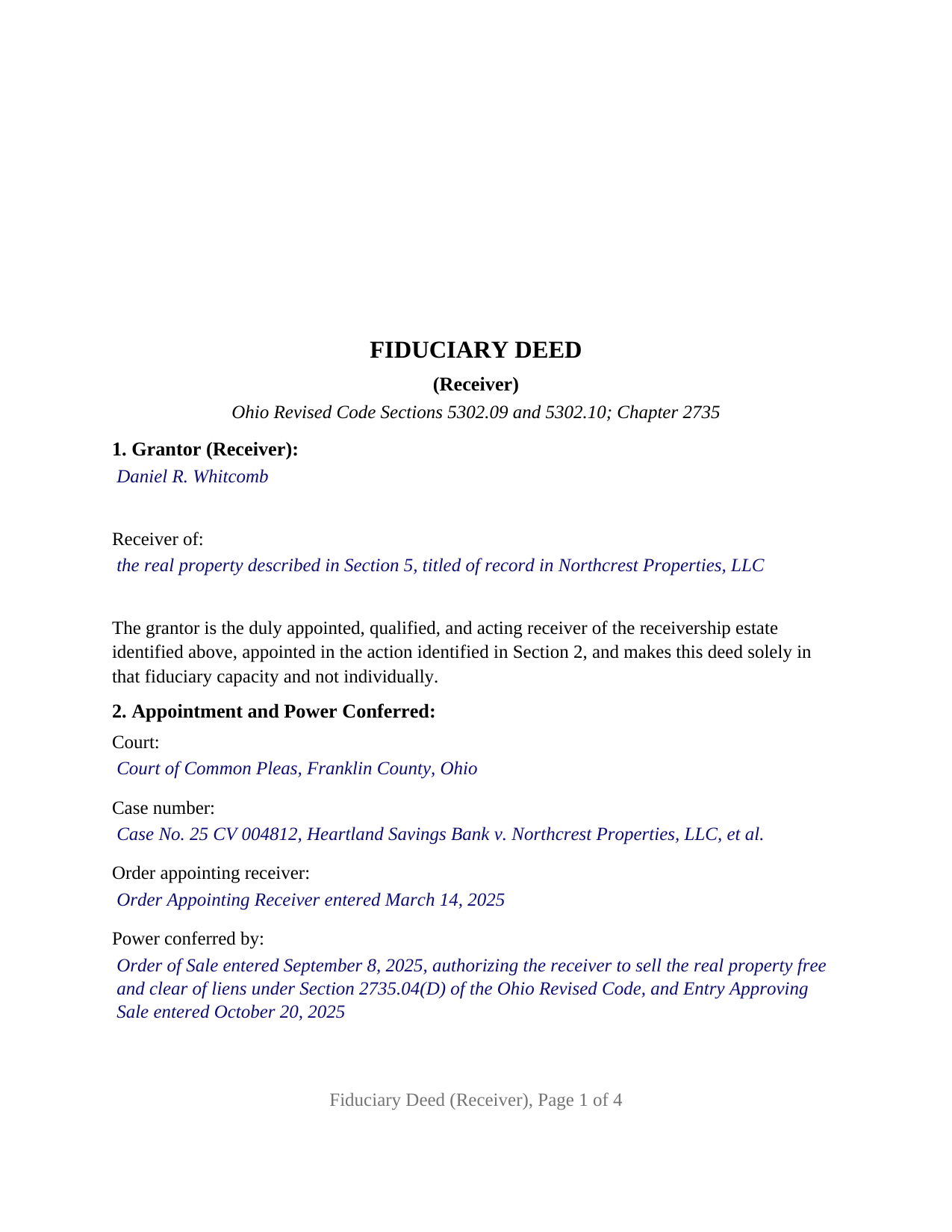 Lake County Completed Example of the Fiduciary Deed (Receiver) Document