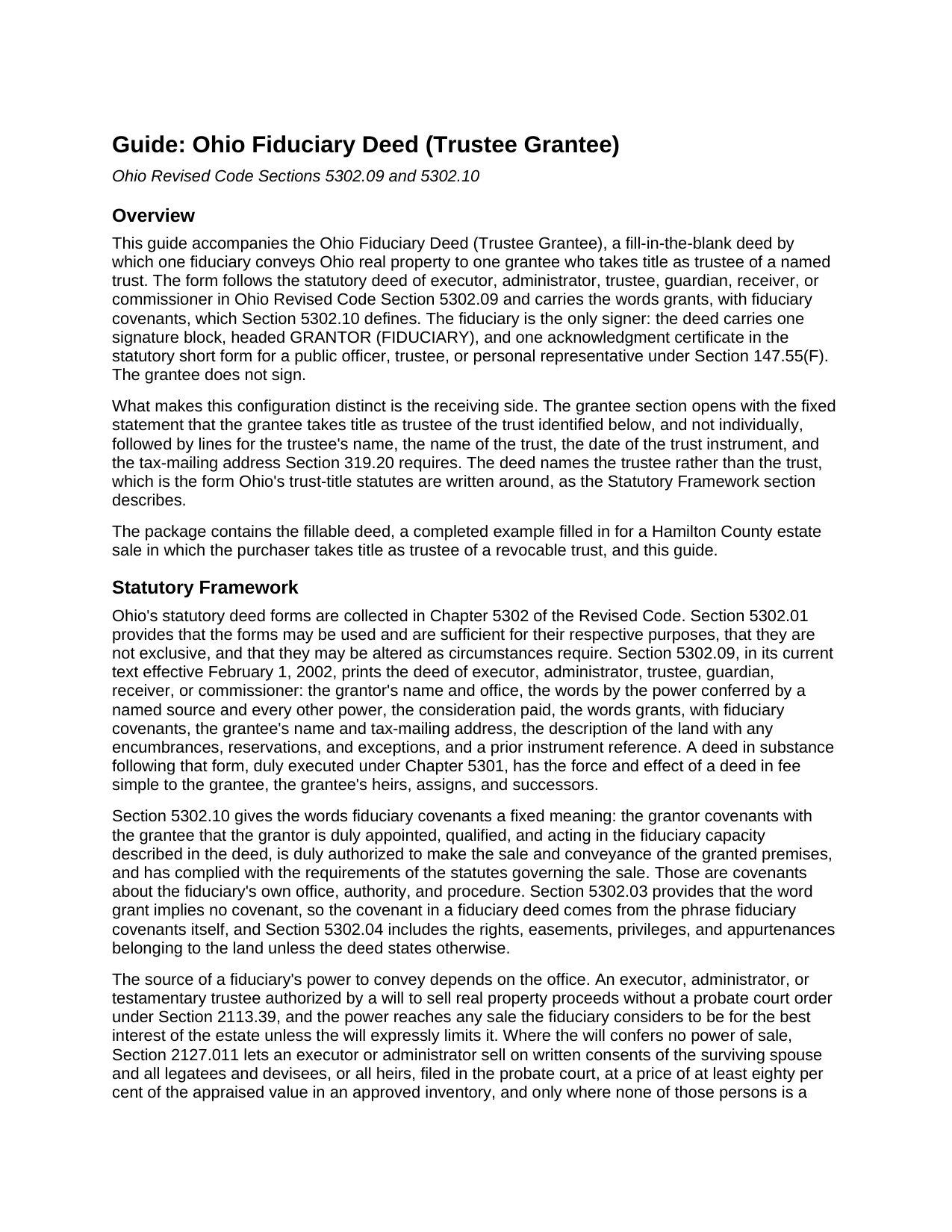 Allen County Fiduciary Deed (Trustee Grantee) Guide