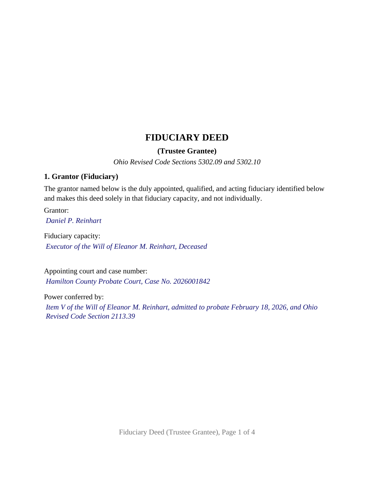 Allen County Completed Example of the Fiduciary Deed (Trustee Grantee) Document