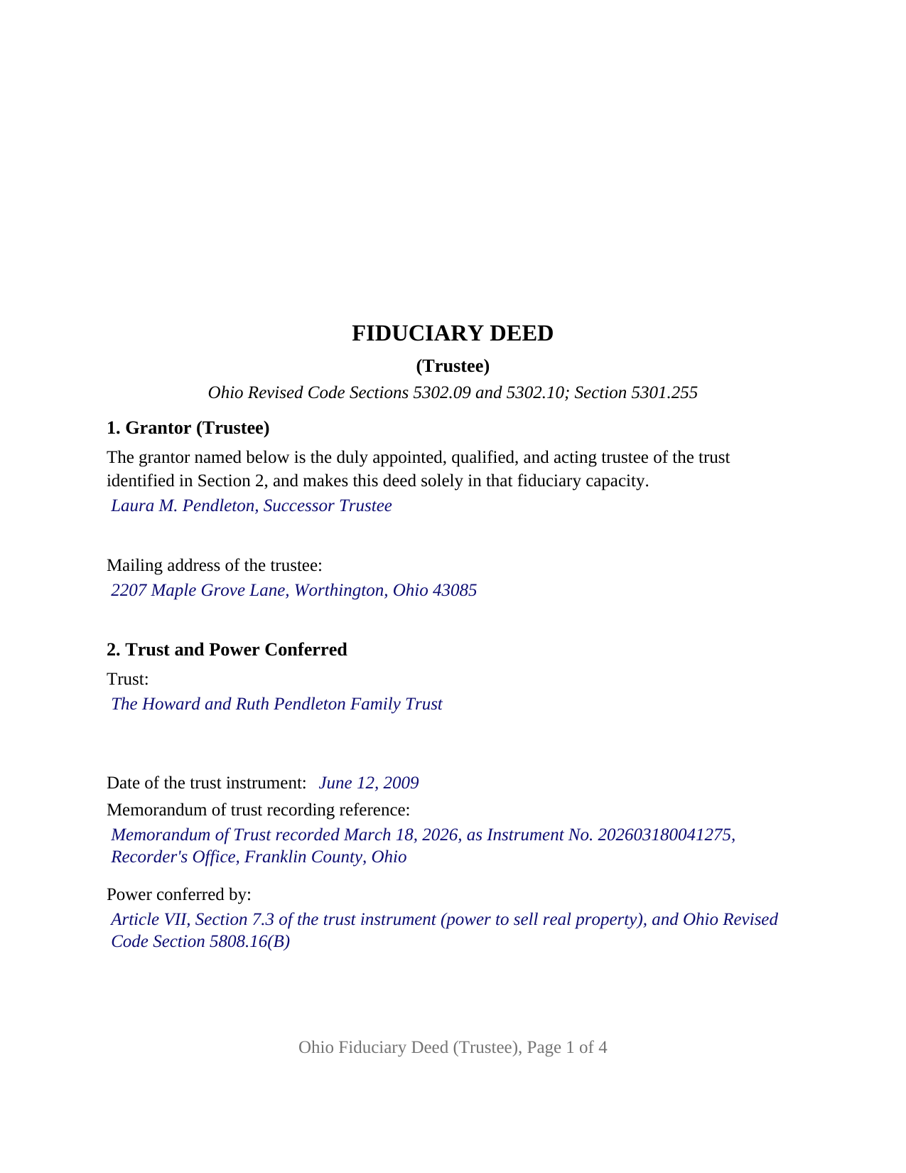 Allen County Completed Example of the Fiduciary Deed (Trustee) Document