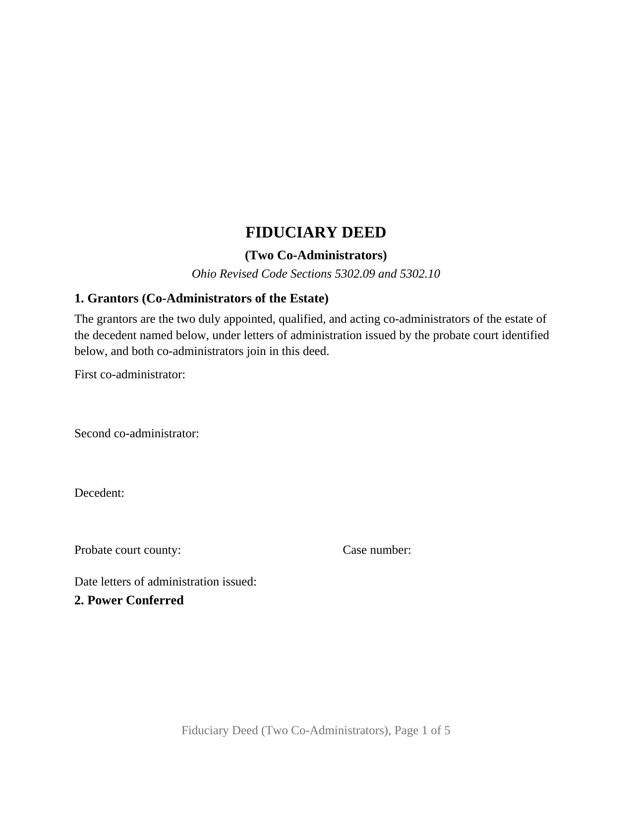 Darke County Fiduciary Deed (Two Co-Administrators) Form