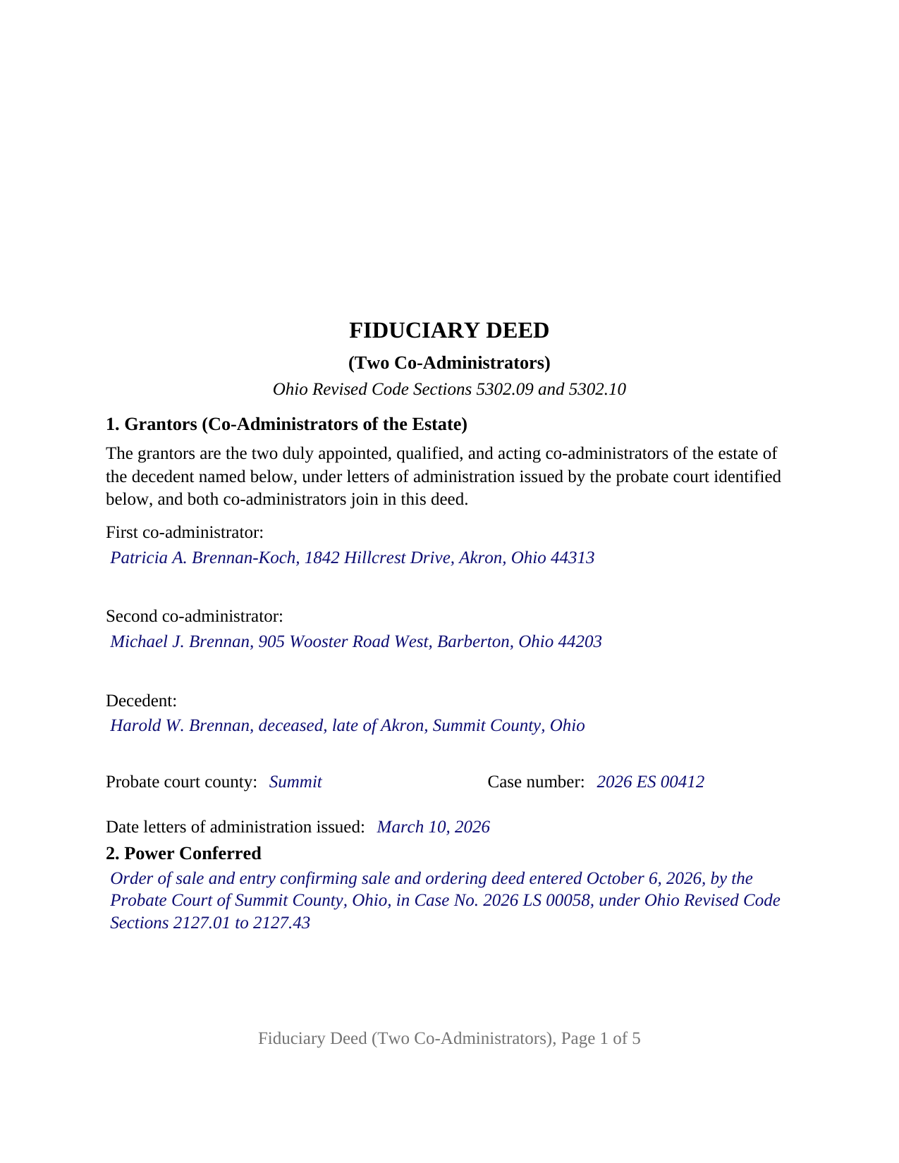 Darke County Completed Example of the Fiduciary Deed (Two Co-Administrators) Document