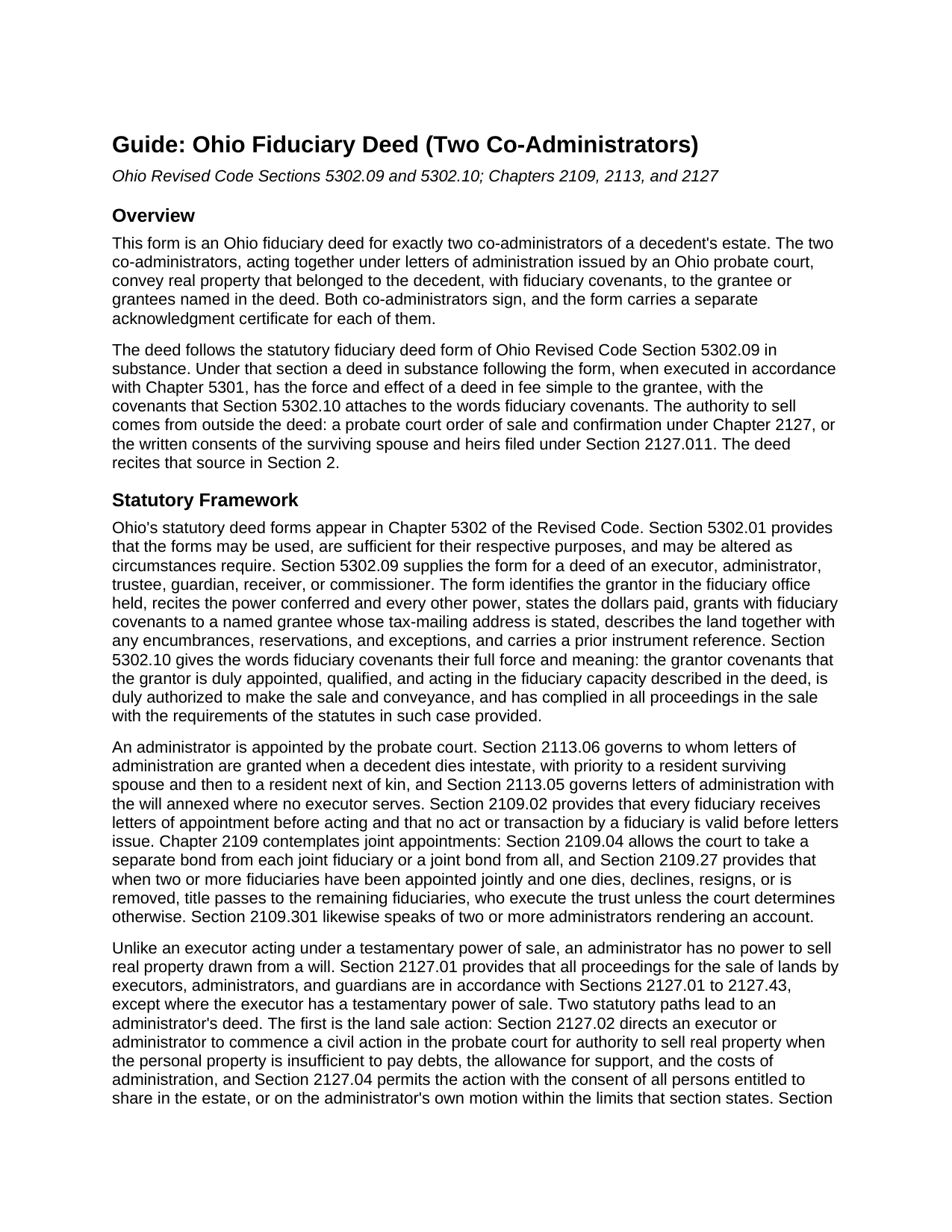Darke County Fiduciary Deed (Two Co-Administrators) Guide