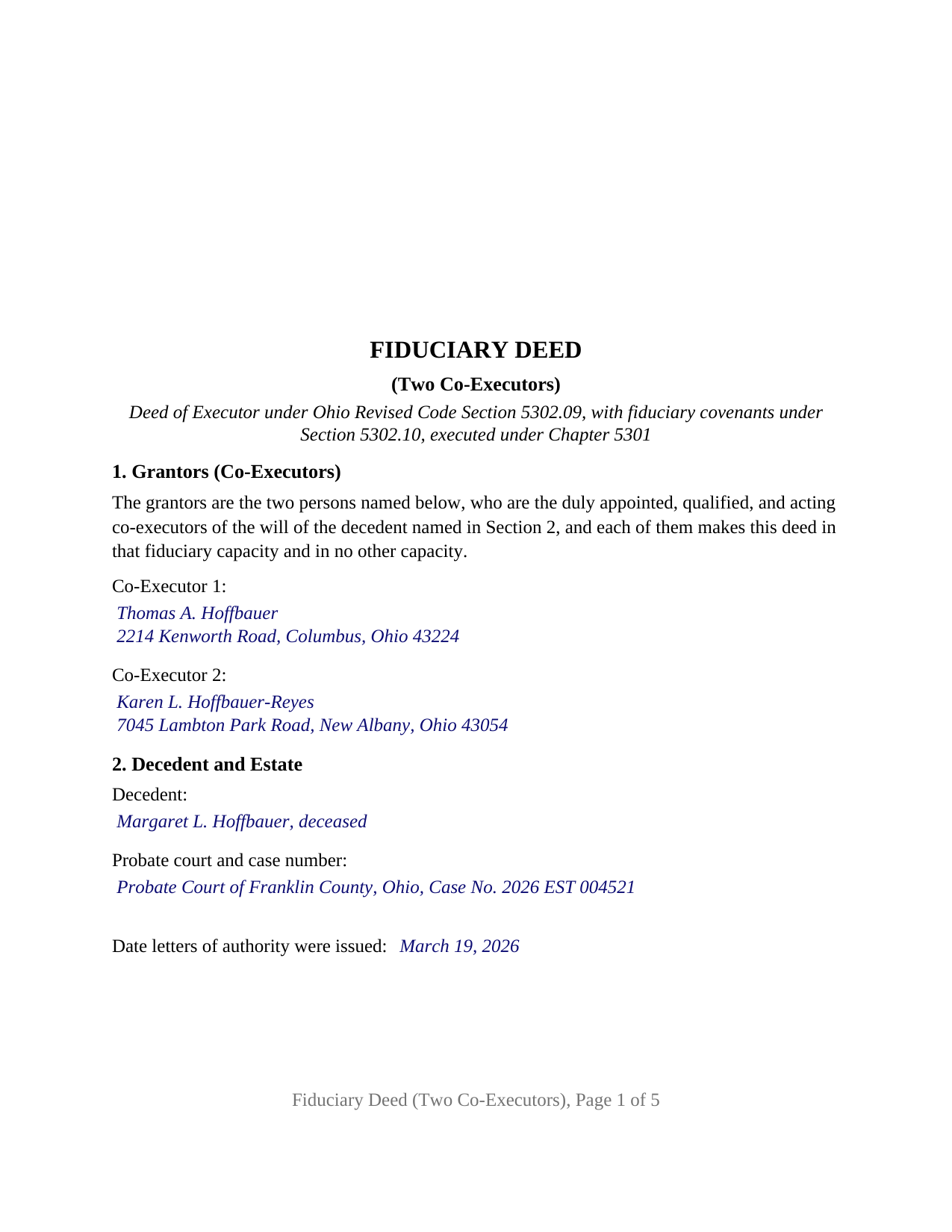Clinton County Completed Example of the Fiduciary Deed (Two Co-Executors) Document