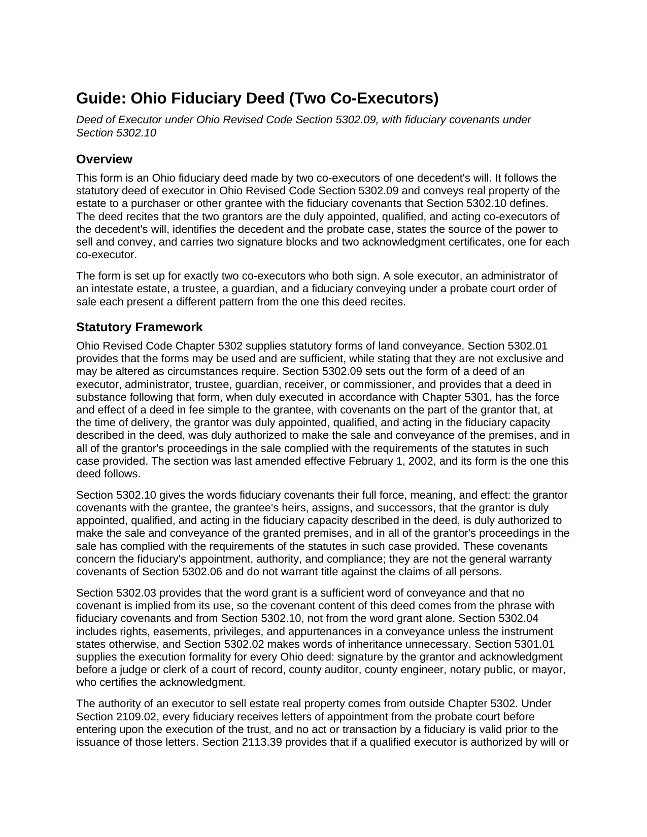 Clinton County Fiduciary Deed (Two Co-Executors) Guide