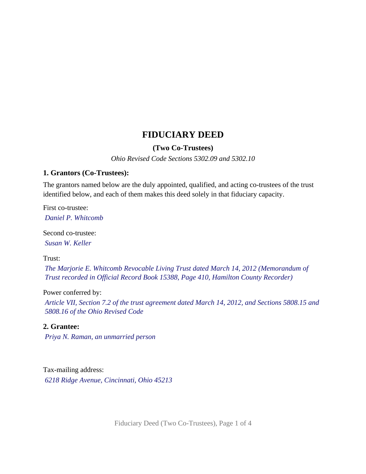 Allen County Completed Example of the Fiduciary Deed (Two Co-Trustees) Document