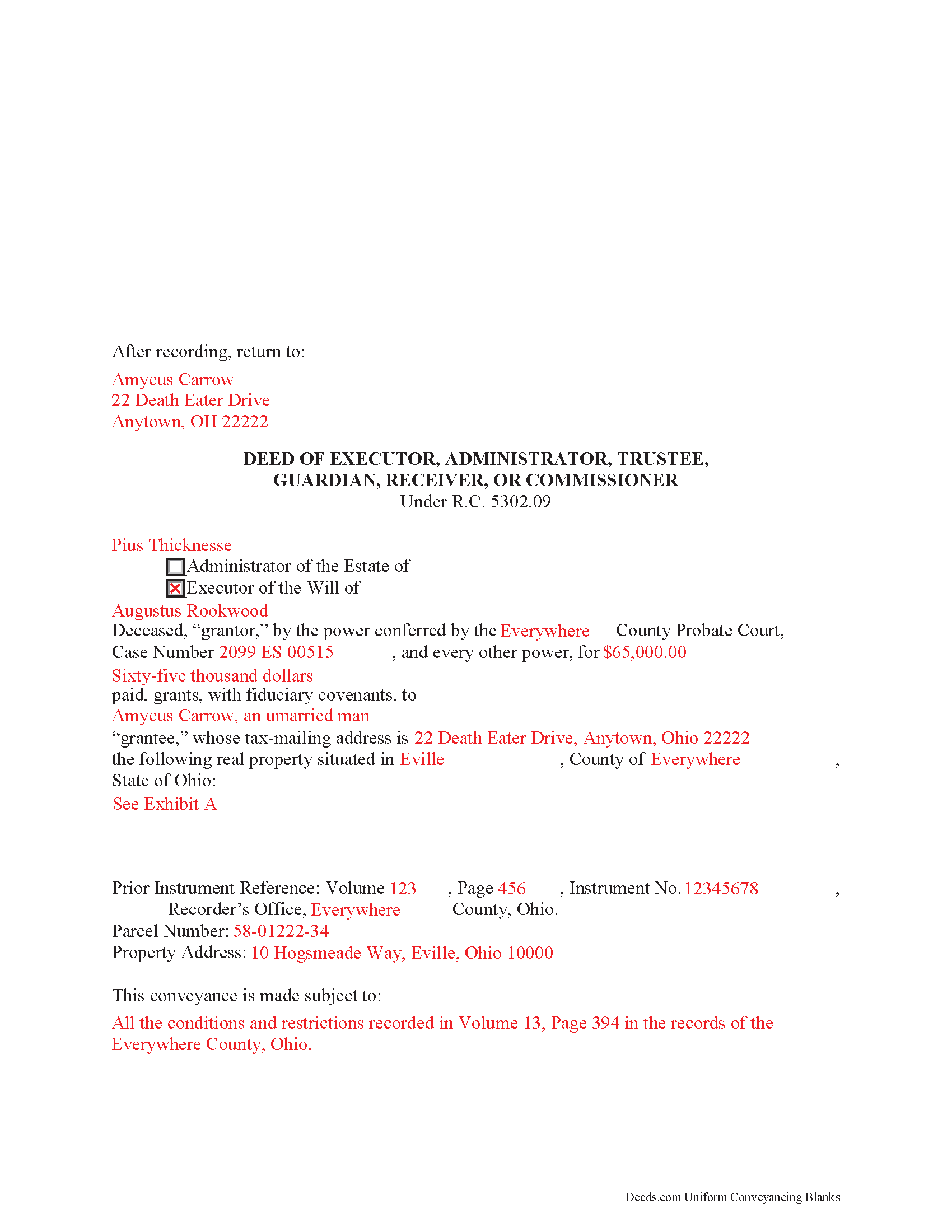 Hocking County Completed Example of the Fiduciary Deed Document