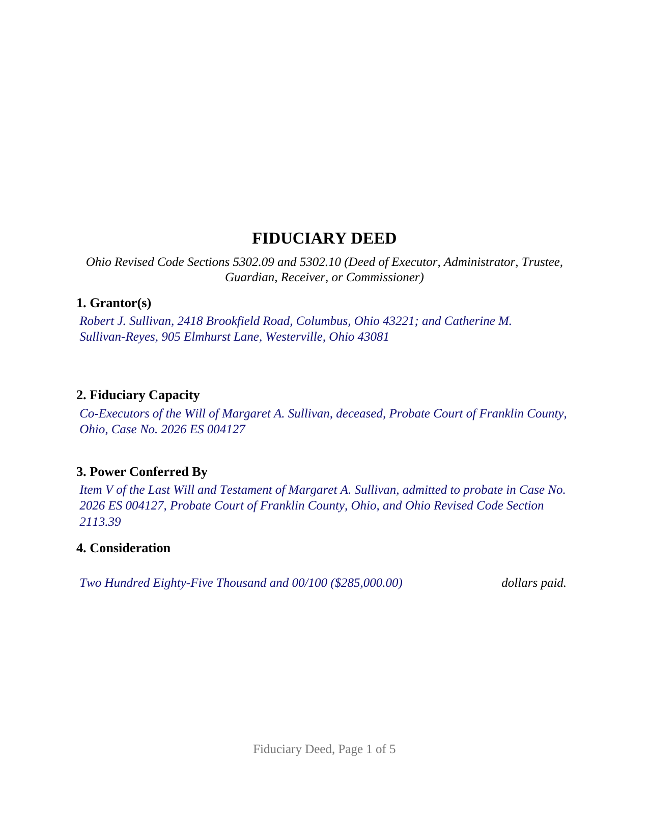 Tuscarawas County Completed Example of the Fiduciary Deed Document