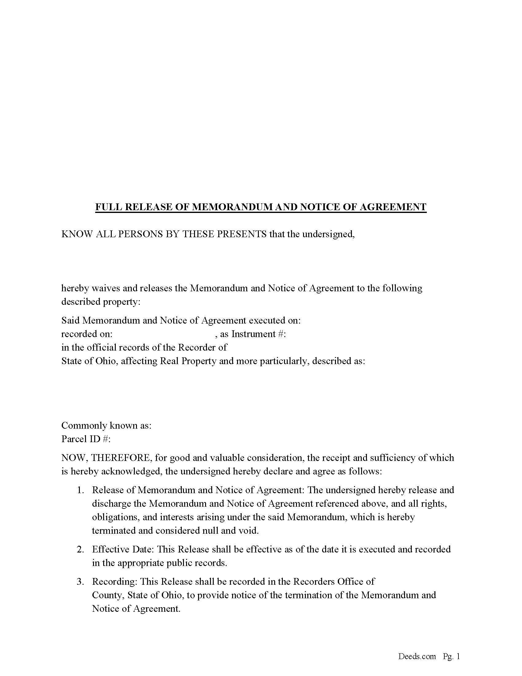 Union County Full Release of Memorandum and Notice of Agreement Form
