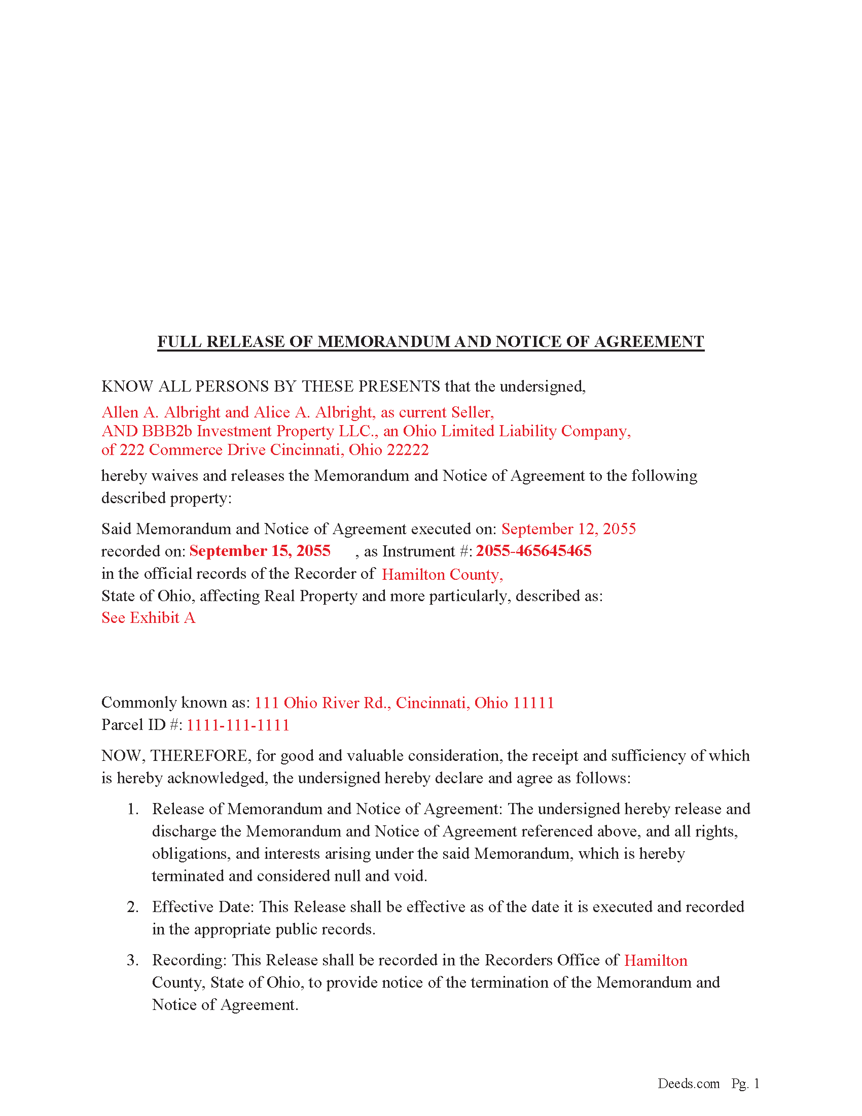 Union County Completed Example of the Full Release of Memorandum and Notice of Agreement Document