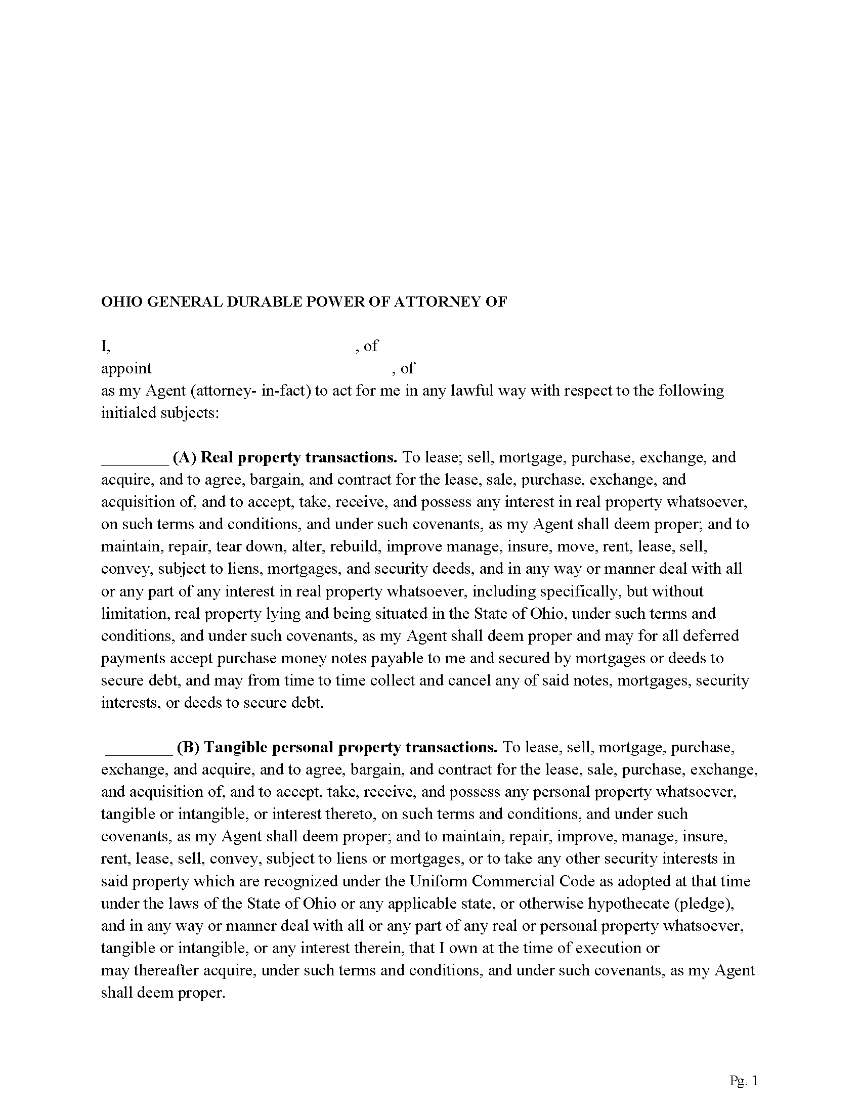 Hocking County General Durable Power of Attorney Form