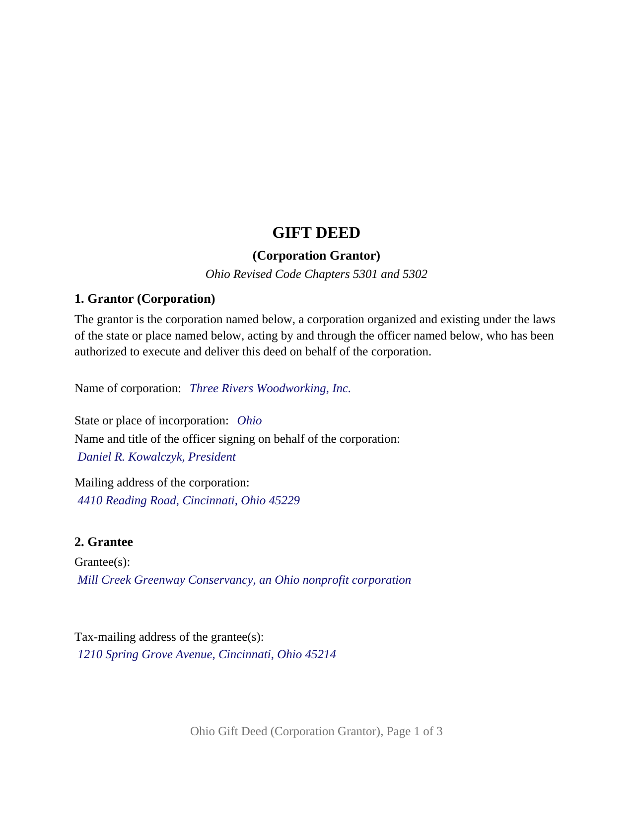 Scioto County Completed Example of the Gift Deed (Corporation Grantor) Document