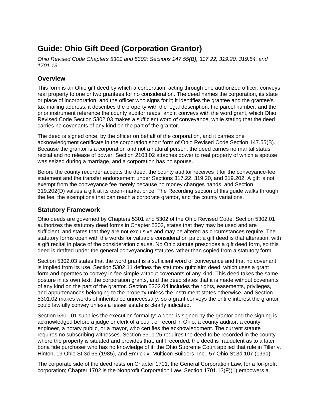 Scioto County Gift Deed (Corporation Grantor) Guide