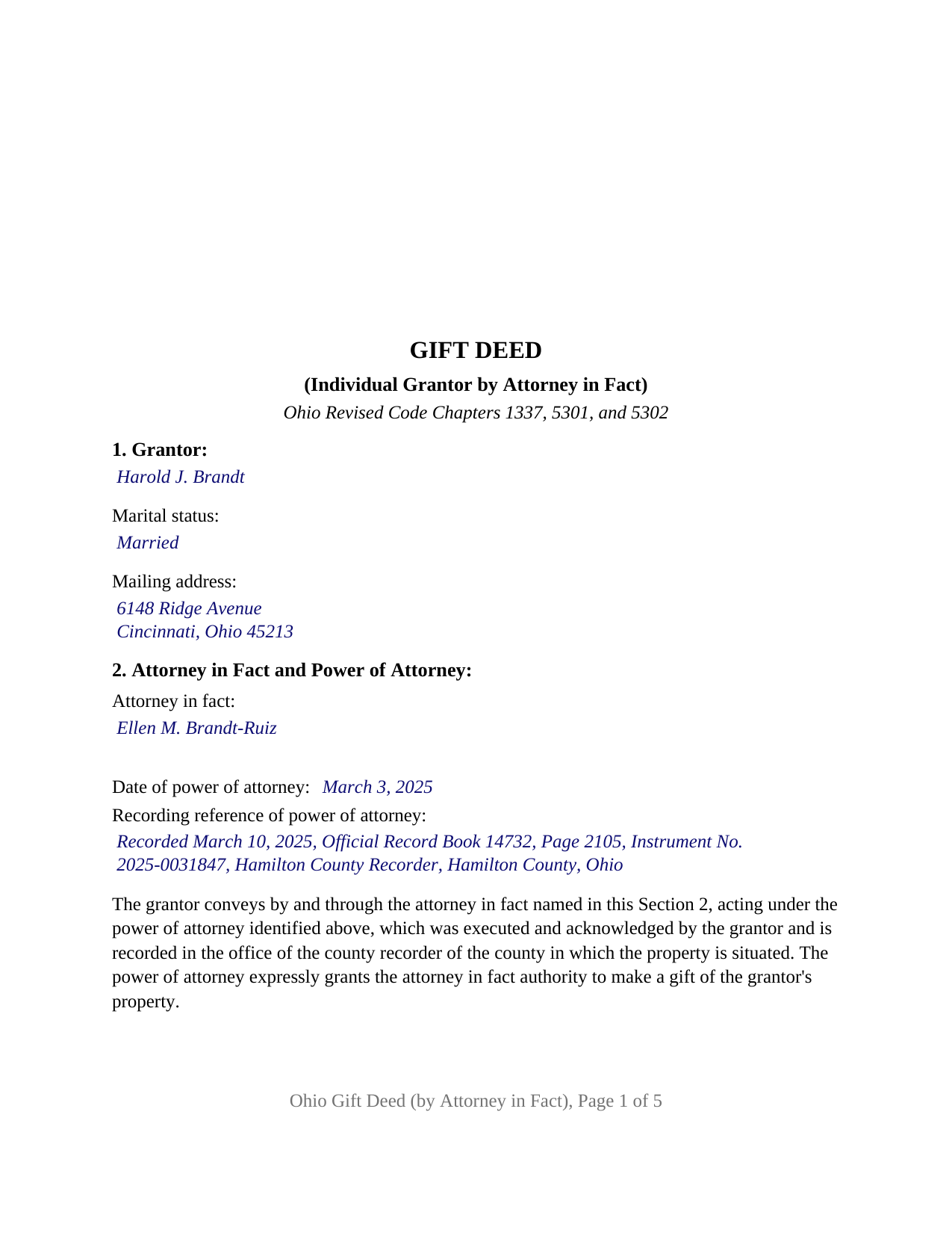 Scioto County Completed Example of the Gift Deed (Individual Grantor by Attorney-in-Fact or POA) Document