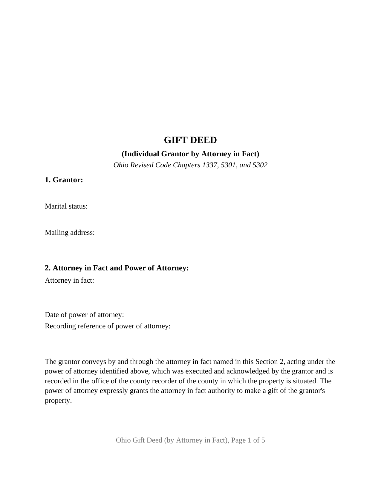 Scioto County Gift Deed (Individual Grantor by Attorney-in-Fact or POA) Form