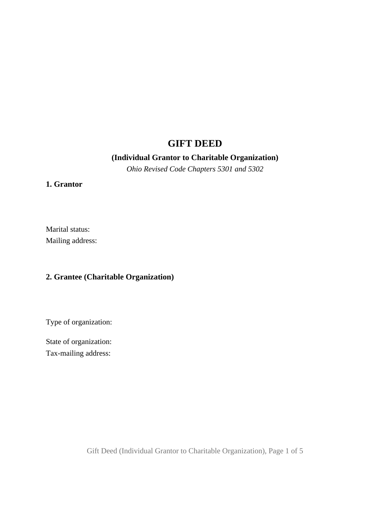 Muskingum County Gift Deed (Individual Grantor to Charitable Organization) Form