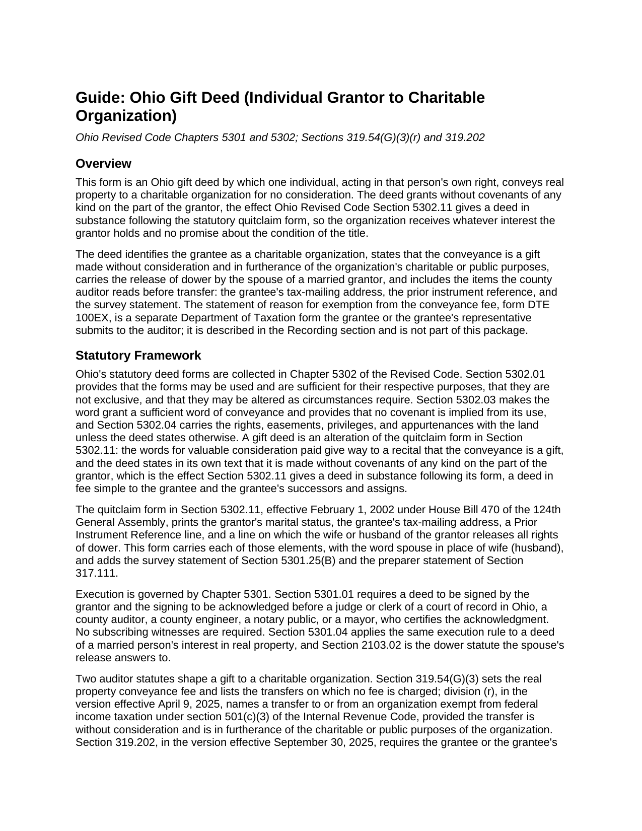 Muskingum County Gift Deed (Individual Grantor to Charitable Organization) Guide