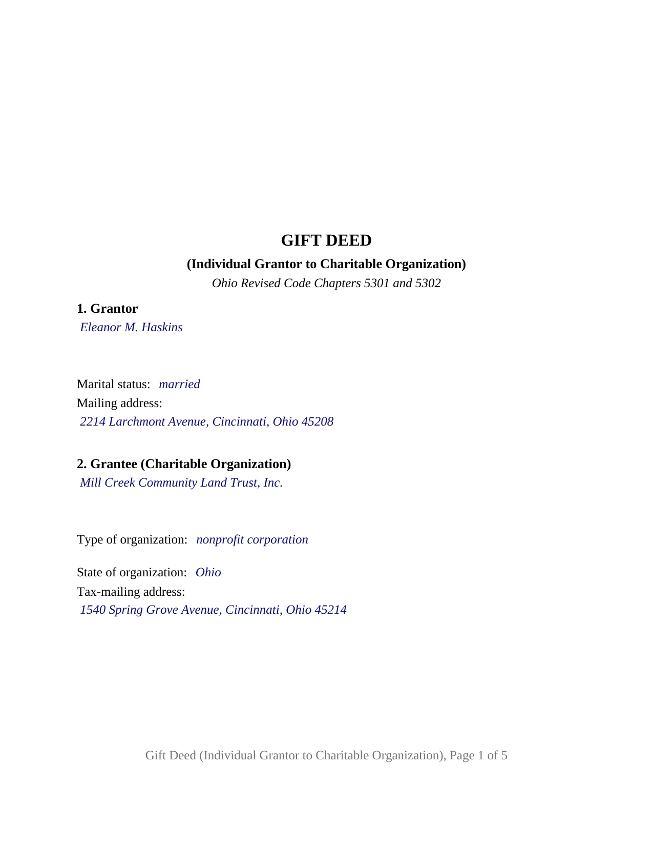 Muskingum County Completed Example of the Gift Deed (Individual Grantor to Charitable Organization) Document