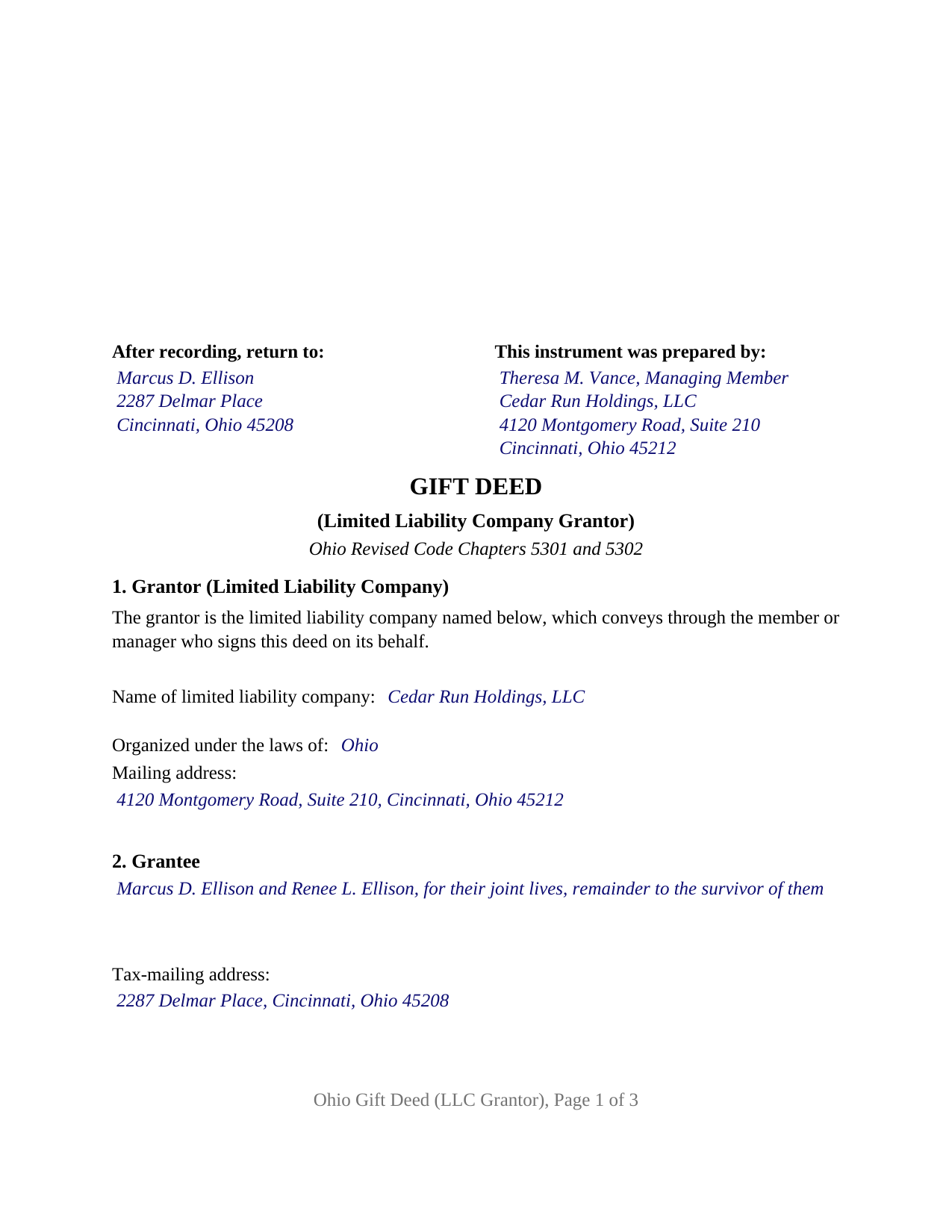 Scioto County Completed Example of the Gift Deed (LLC Grantor) Document