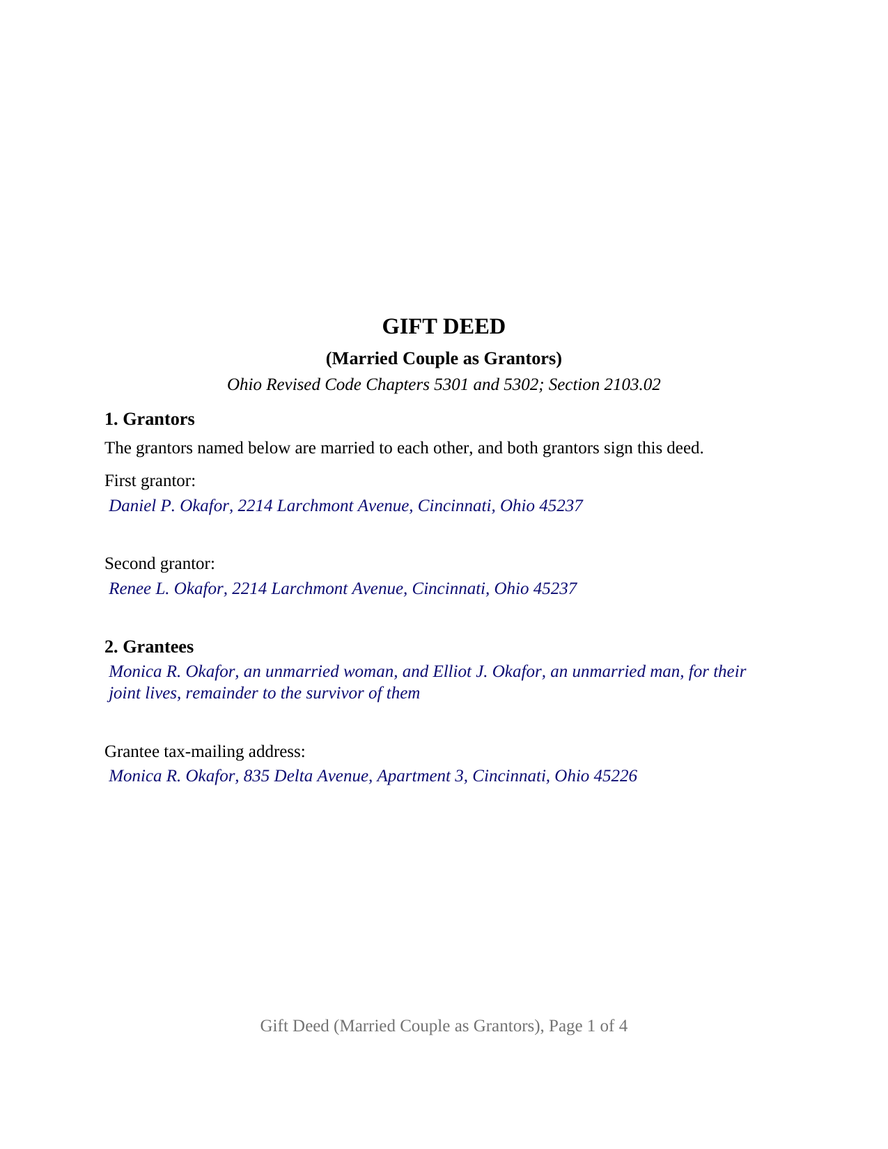 Muskingum County Completed Example of the Gift Deed (Married Couple as Grantors) Document