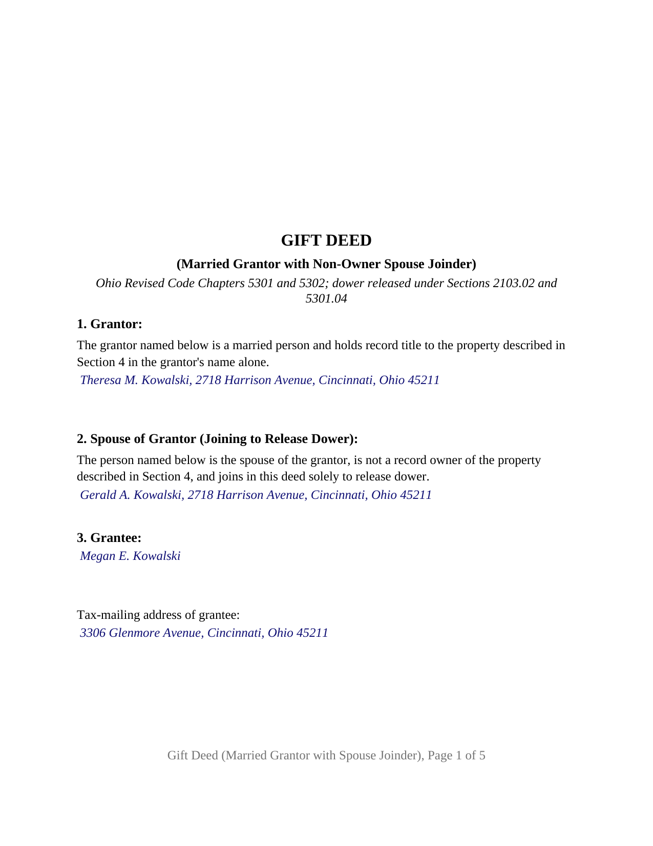 Muskingum County Completed Example of the Gift Deed (Married Grantor with Non-Owner Spouse Joinder) Document