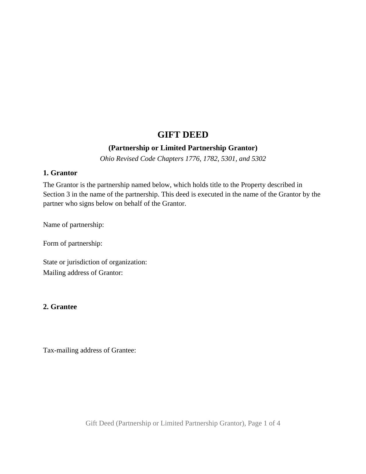 Muskingum County Gift Deed (Partnership or Limited Partnership Grantor) Form