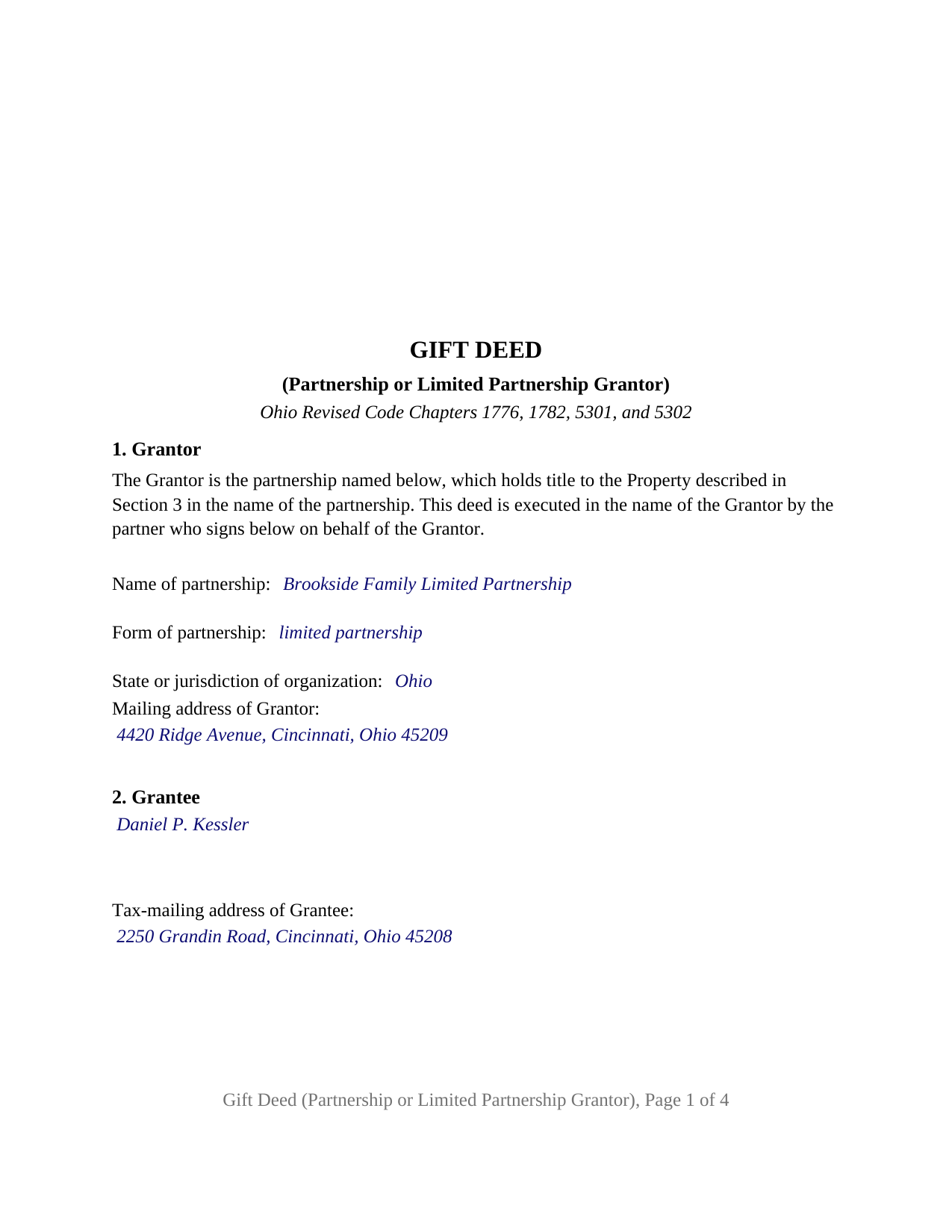 Muskingum County Completed Example of the Gift Deed (Partnership or Limited Partnership Grantor) Document
